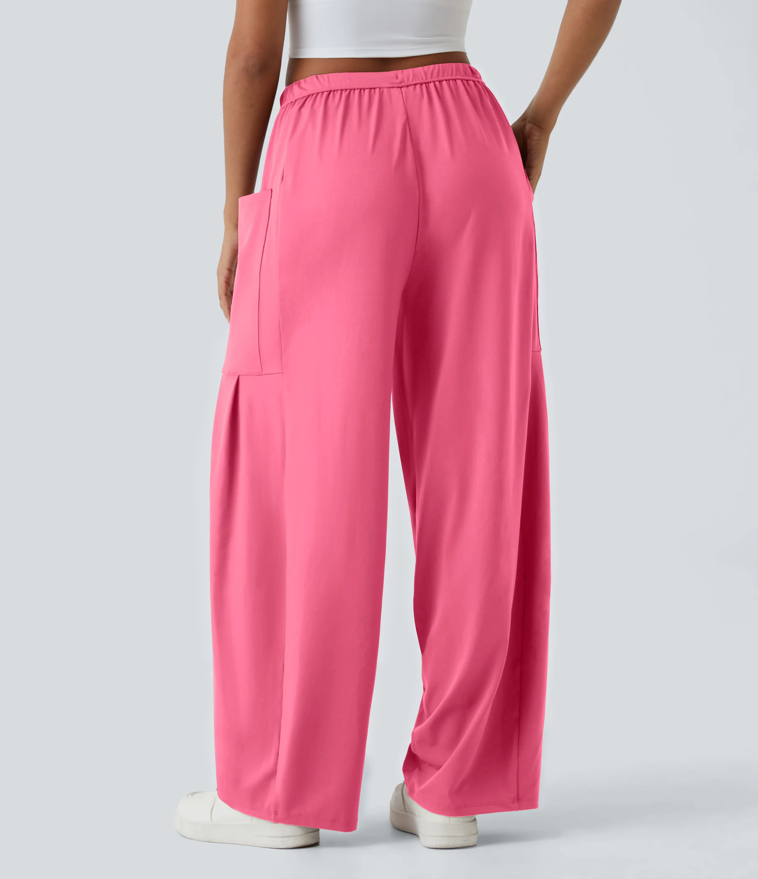 Halara Pantalón pierna ancha fluido palazzo bolsillo lateral cordón ajustable cintura elástica tiro medio - Camellia Rose - XL(petite) sold by Halara product image thumbnail 3