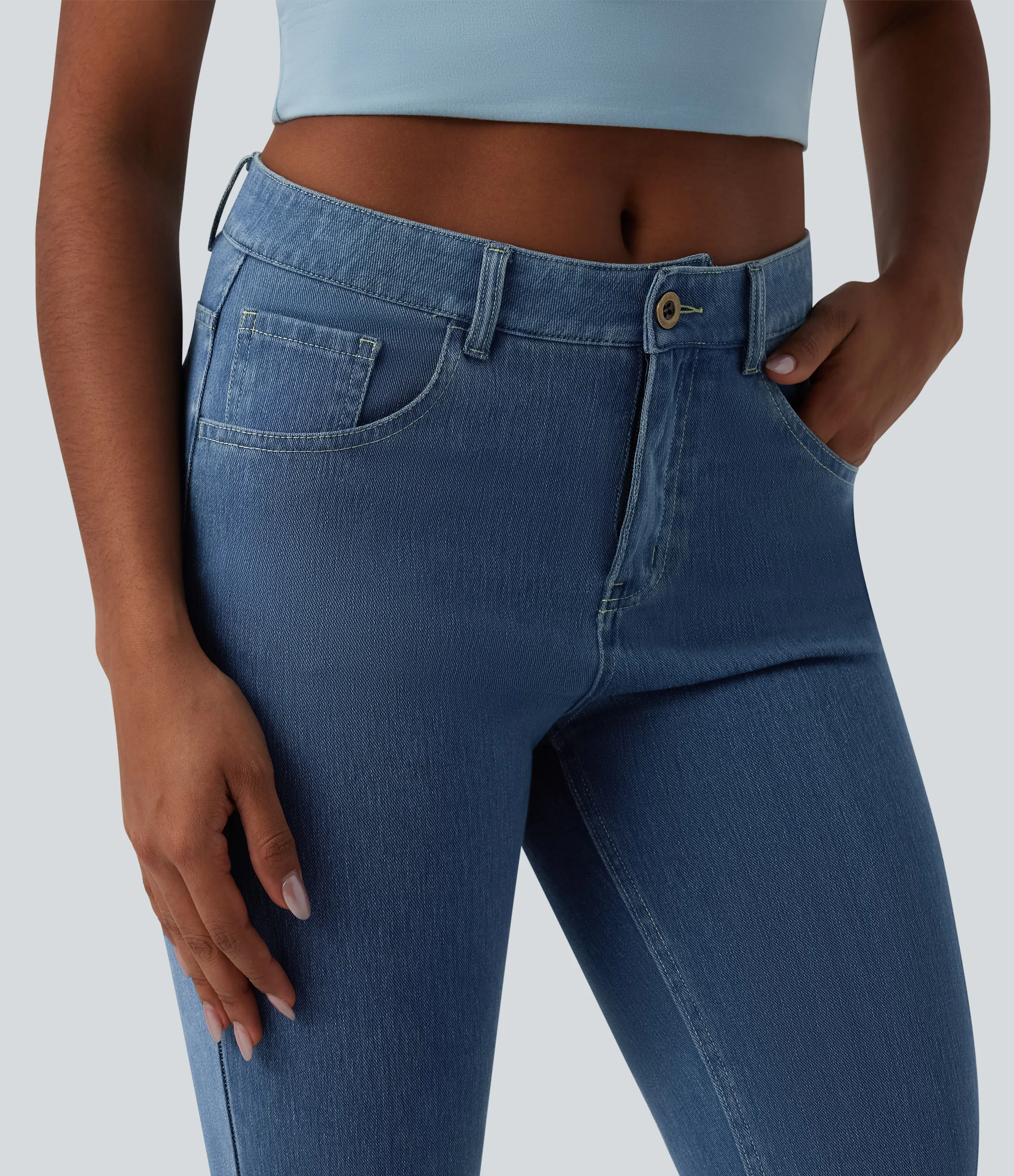 Halara Jeans Halara Flex™ Denim en corte de bota elásticos de tiro medio con botón y bolsillos - Denim Dark Blue - L(regular) sold by Halara product image thumbnail 5