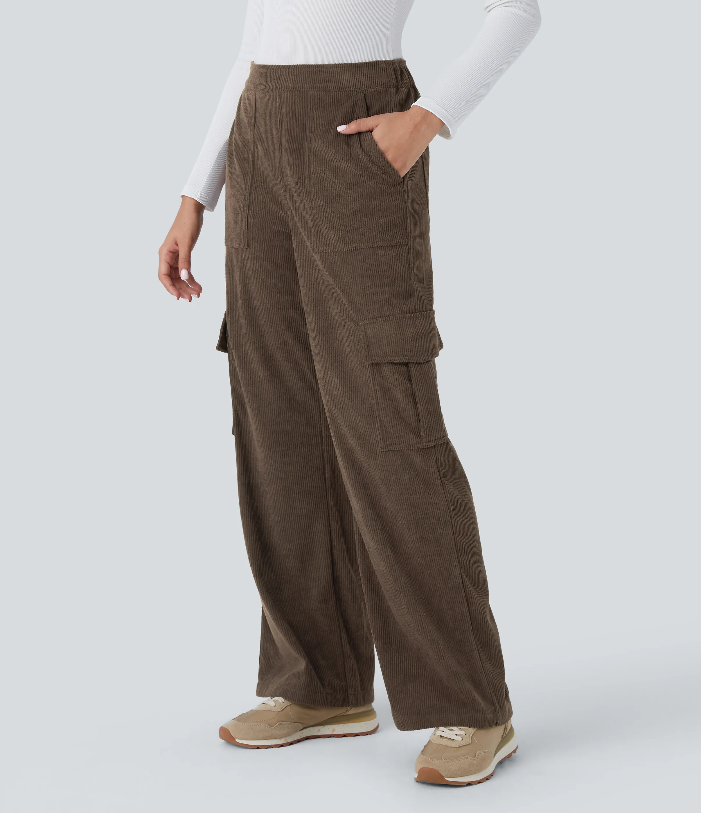 Halara Pantalón cargo pana pierna recta múltiple bolsillo tiro medio - Coffee - S(regular) sold by Halara