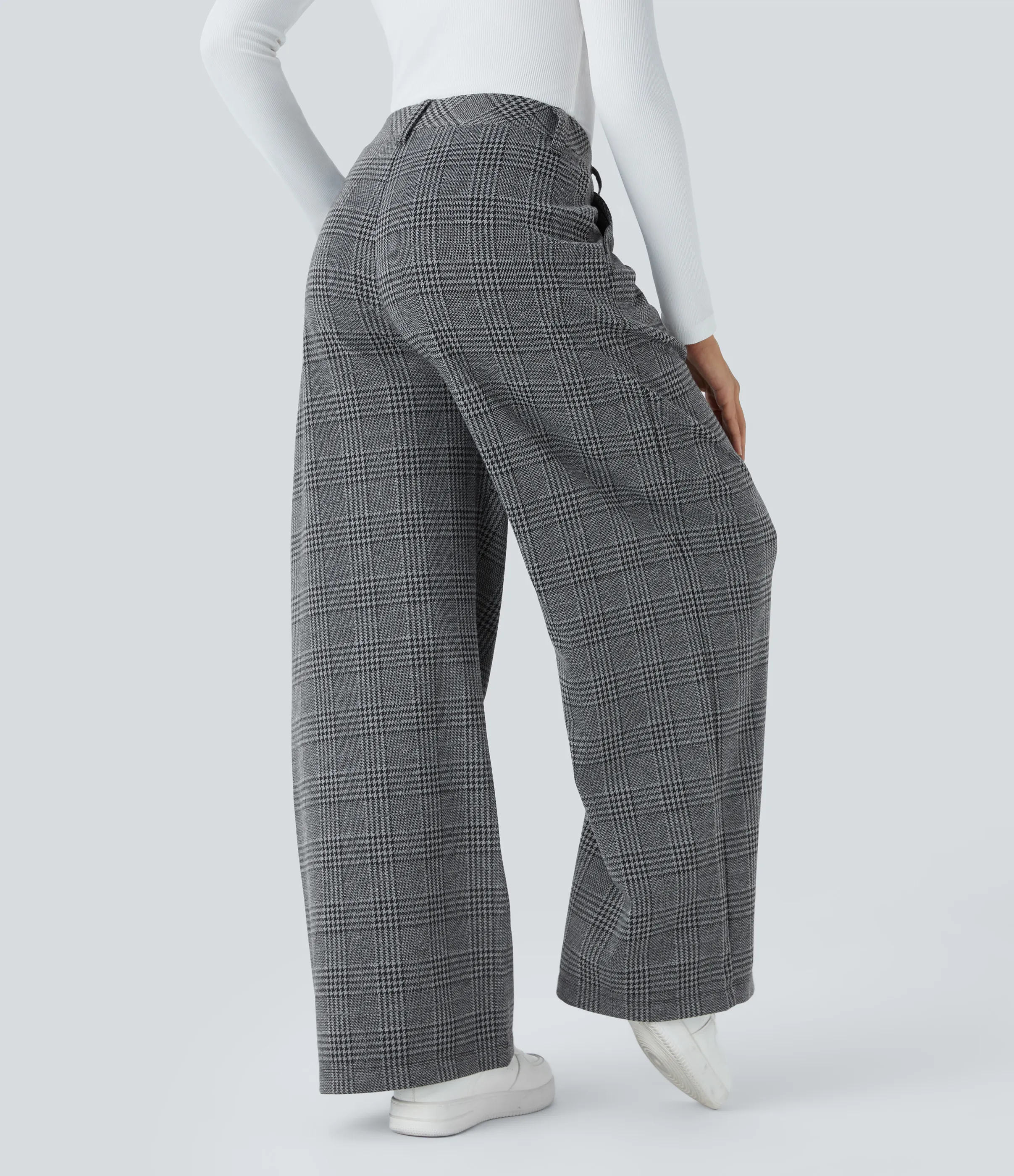 Halara Pantalón tiro alto bolsillo lateral pierna ancha estampado pata gallo - Dark Gray Plaid - L(tall) sold by Halara product image thumbnail 3