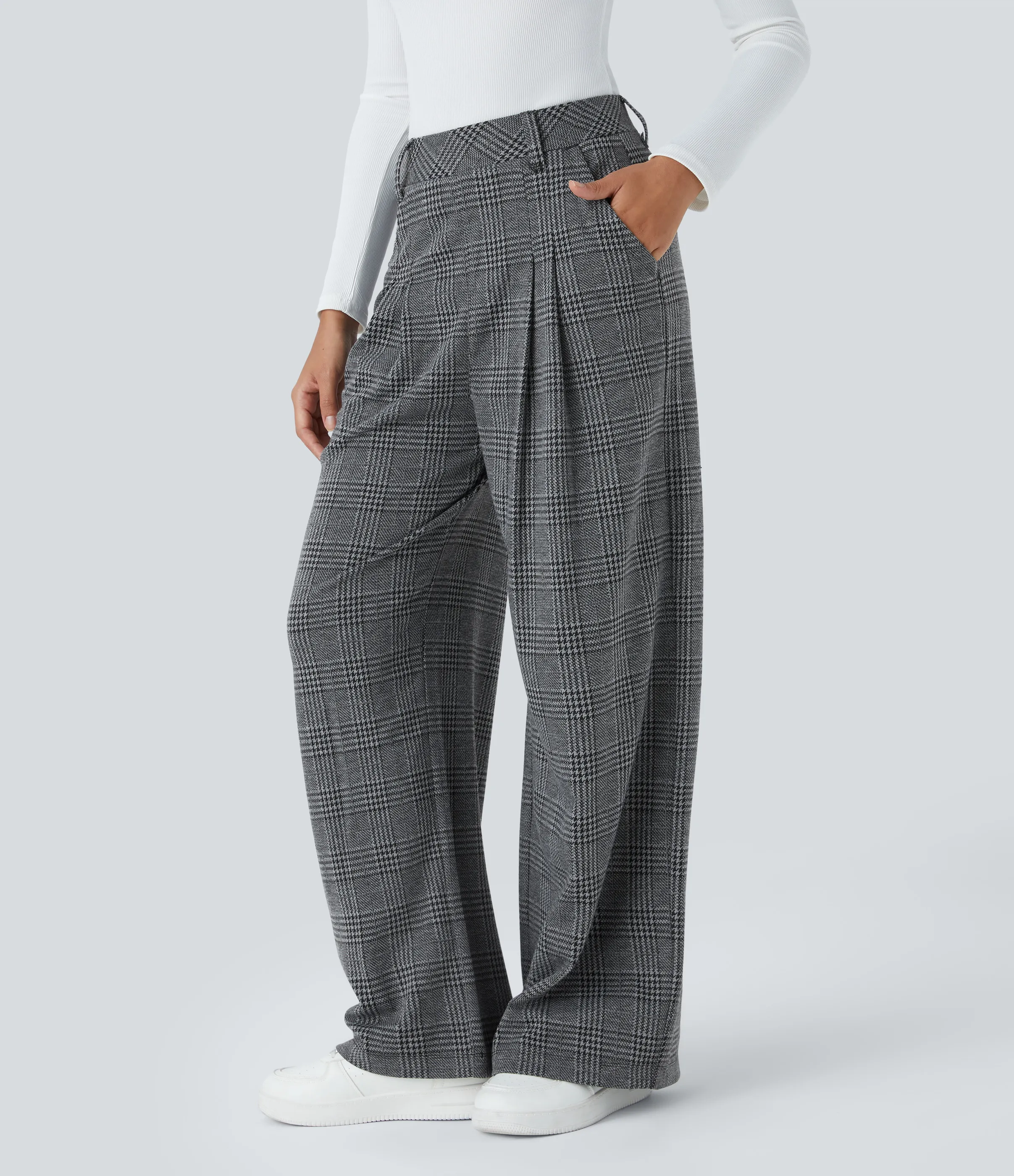 Halara Pantalón tiro alto bolsillo lateral pierna ancha estampado pata gallo - Dark Gray Plaid - L(tall) sold by Halara product image thumbnail 4