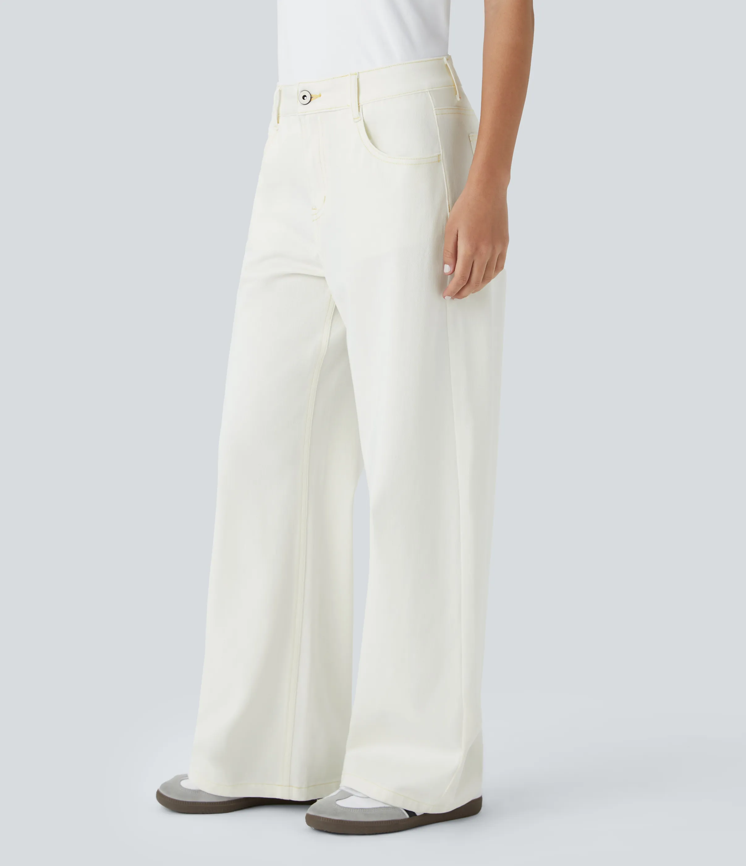 Halara Jeans Baggy Halara Flex™ Denim tiro bajo botón cremallera múltiple bolsillo elástico lavado holgado pierna ancha - Beige Denim - XL(petite) sold by Halara product image thumbnail 4