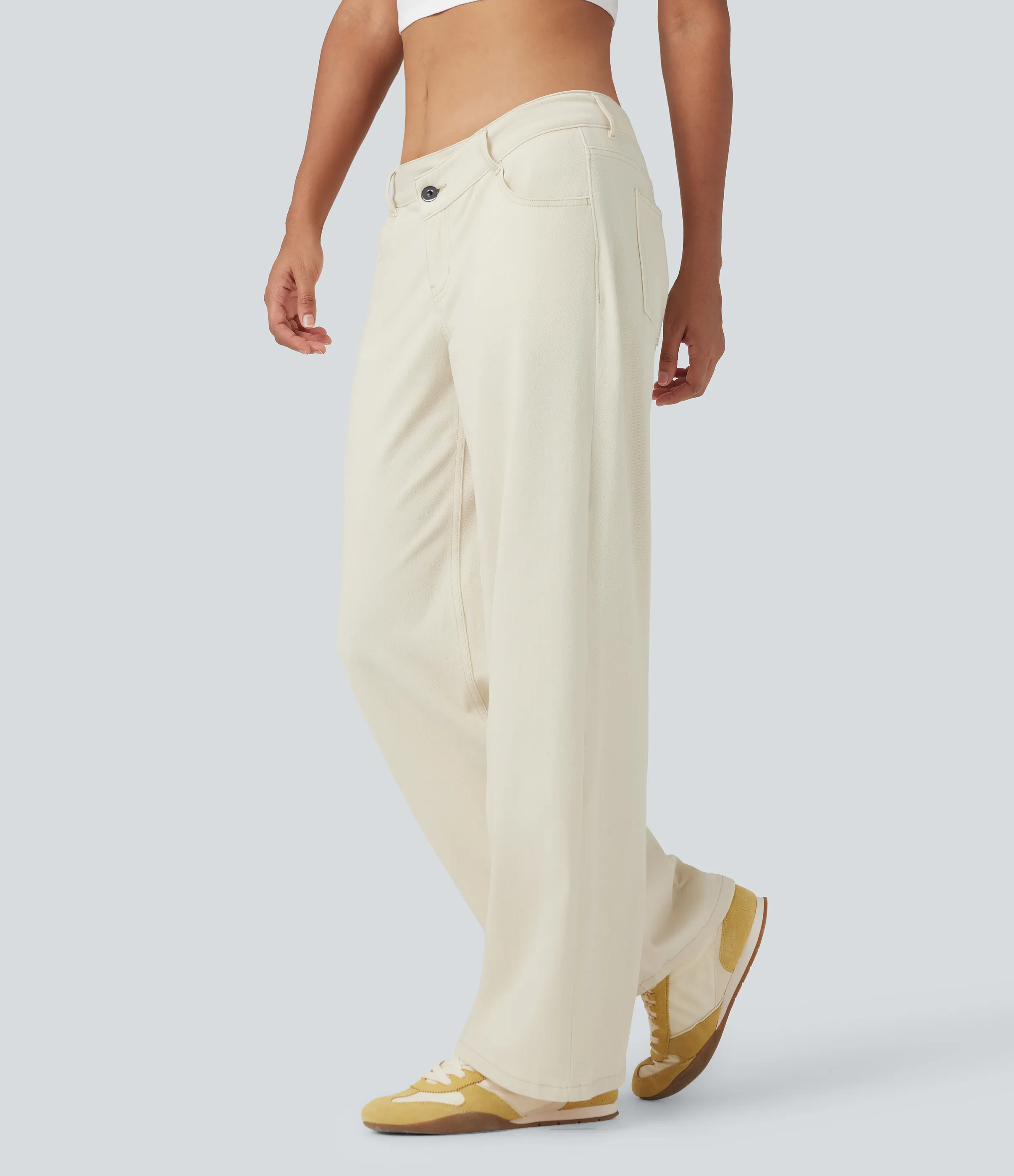 Halara Jeans Baggy Halara Flex™ Denim elástico lavado pierna ancha holgado múltiple bolsillo cierre botón tiro bajo asimétrico - Light Khaki Denim - S(tall) sold by Halara product image thumbnail 4