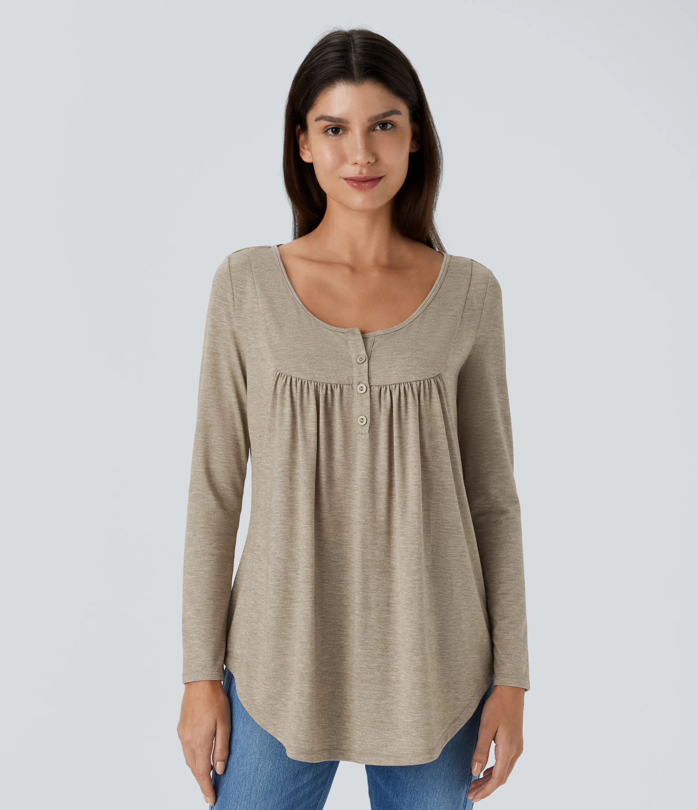 Halara Blusa cuello redondo botón manga larga plisada dobladillo curvo - Khaki Floral Yarn - XL sold by Halara product image thumbnail 2