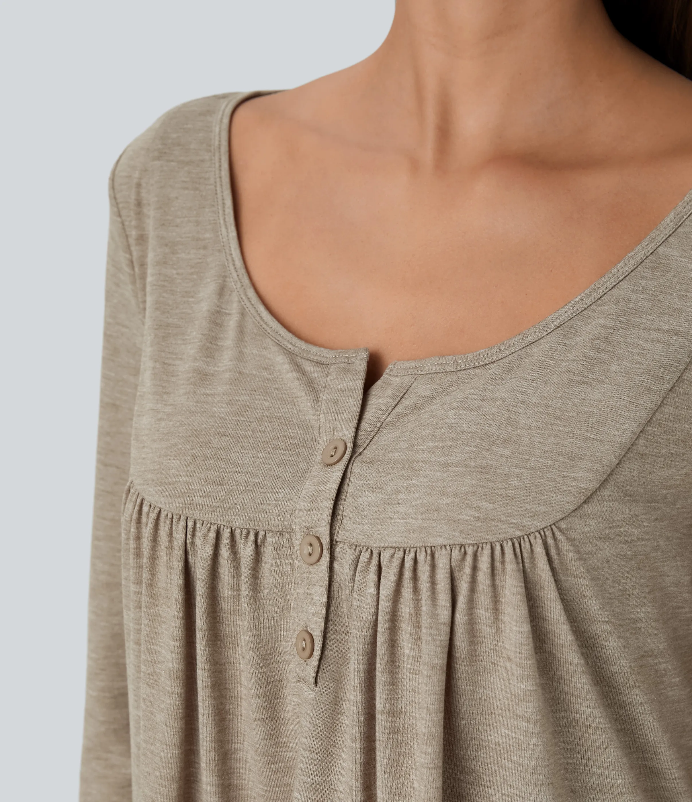 Halara Blusa cuello redondo botón manga larga plisada dobladillo curvo - Khaki Floral Yarn - XL sold by Halara product image thumbnail 5