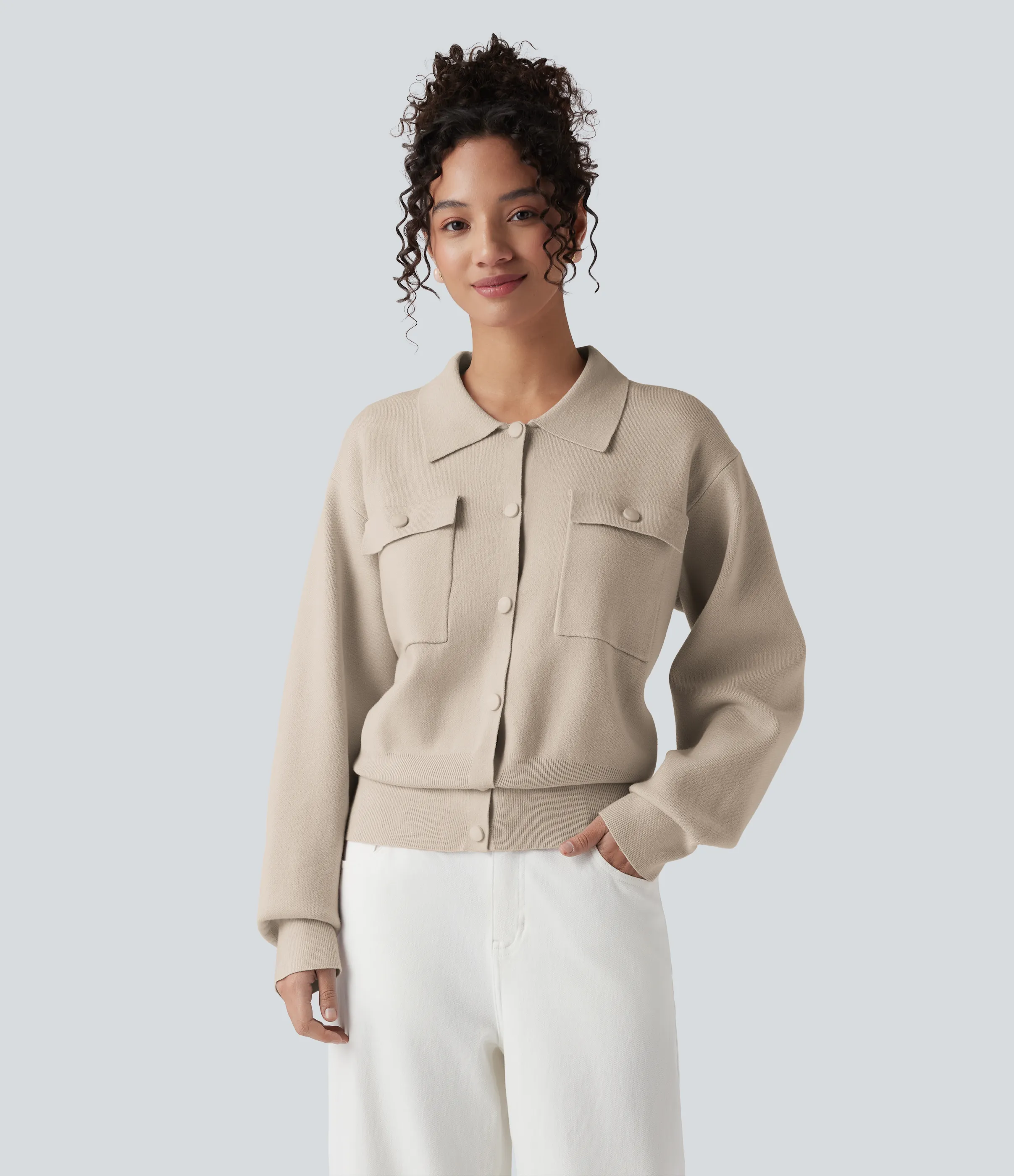 Halara Suéter manga larga cuello abotonado bolsillo pecho - Cement - L sold by Halara