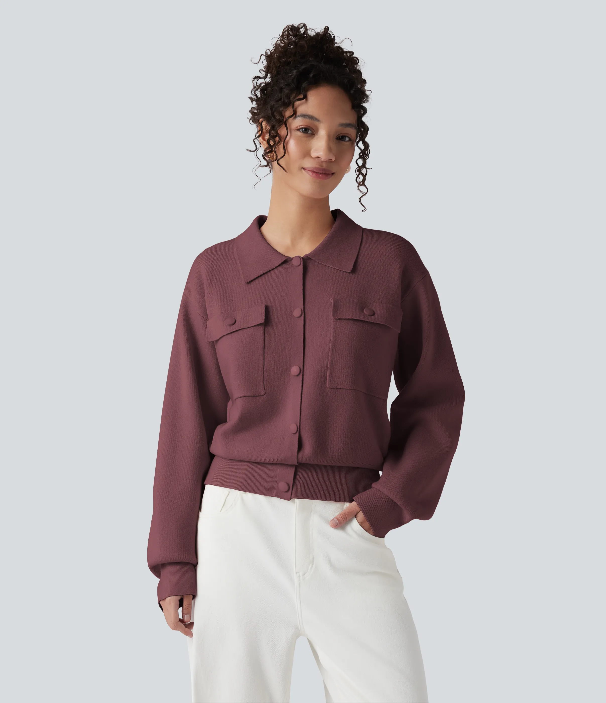 Halara Suéter manga larga cuello abotonado bolsillo pecho - Oxblood Red - XS sold by Halara product image thumbnail 2