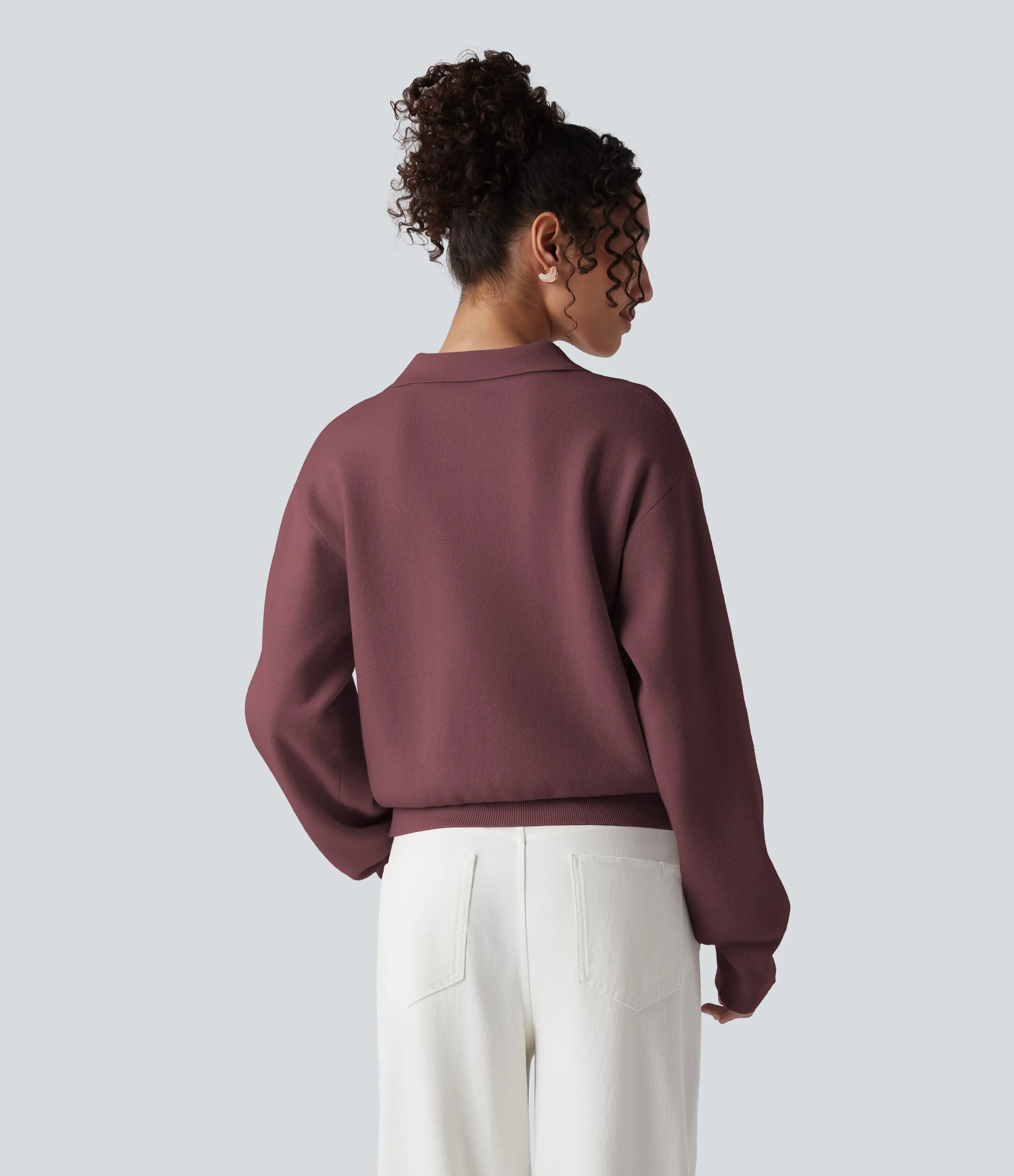 Halara Suéter manga larga cuello abotonado bolsillo pecho - Oxblood Red - XS sold by Halara product image thumbnail 3