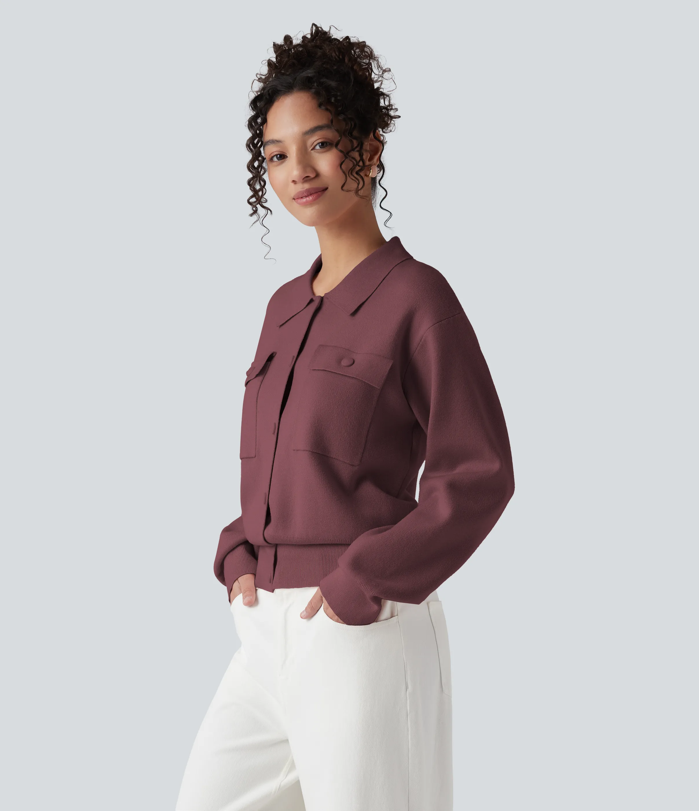 Halara Suéter manga larga cuello abotonado bolsillo pecho - Oxblood Red - XS sold by Halara product image thumbnail 4