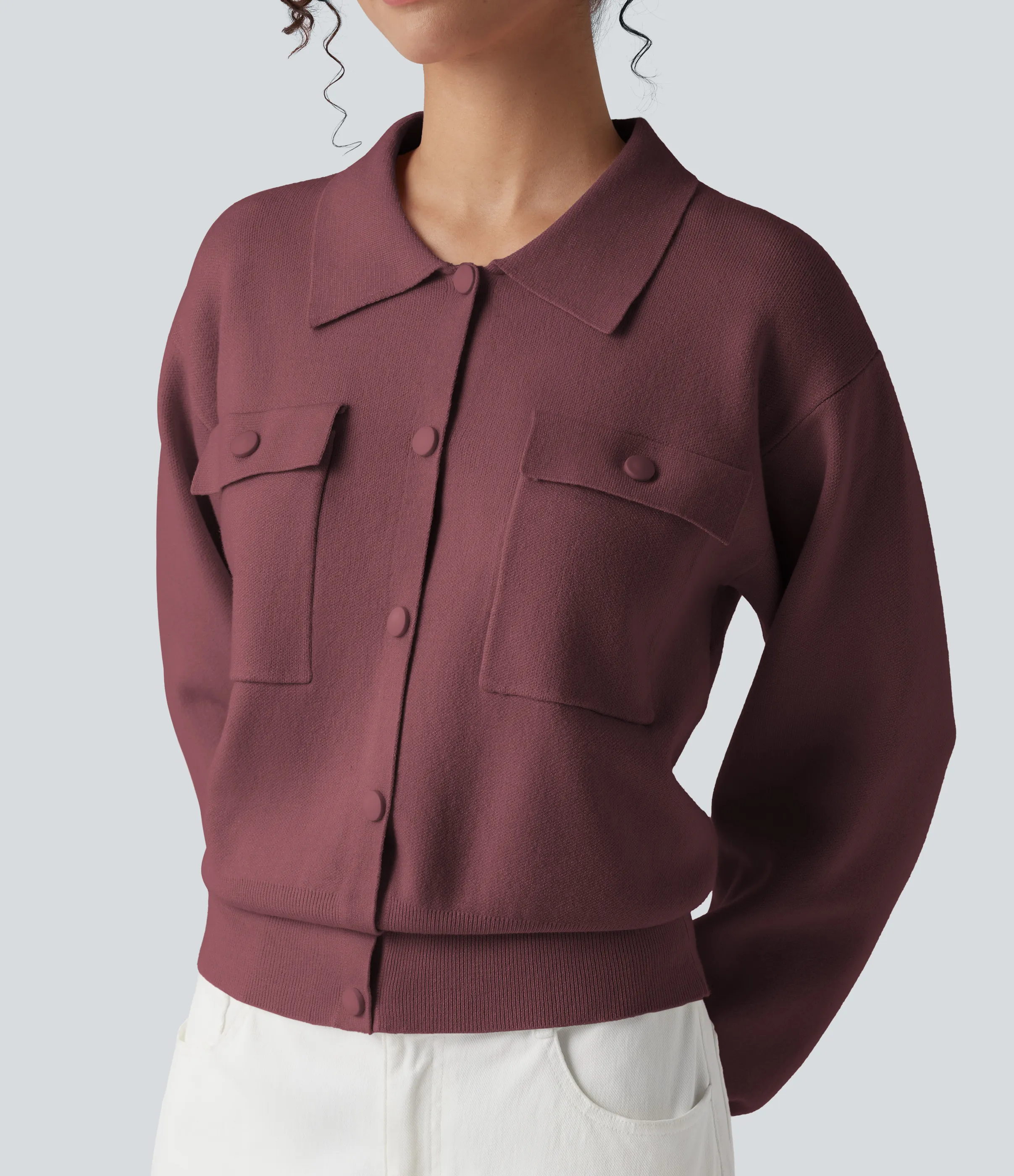 Halara Suéter manga larga cuello abotonado bolsillo pecho - Oxblood Red - XS sold by Halara product image thumbnail 5