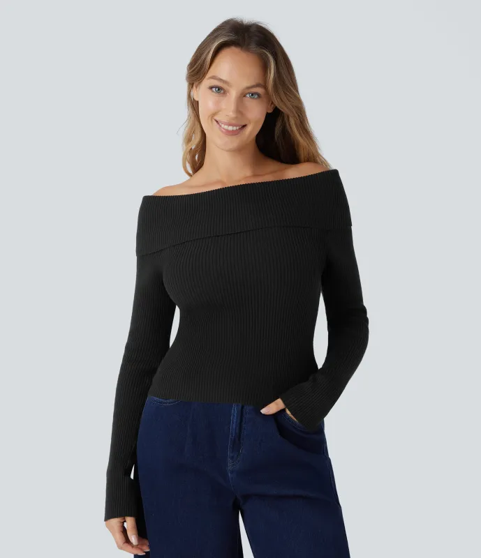 Halara Suéter manga larga sin hombro doblado - Black - XL made by Halara