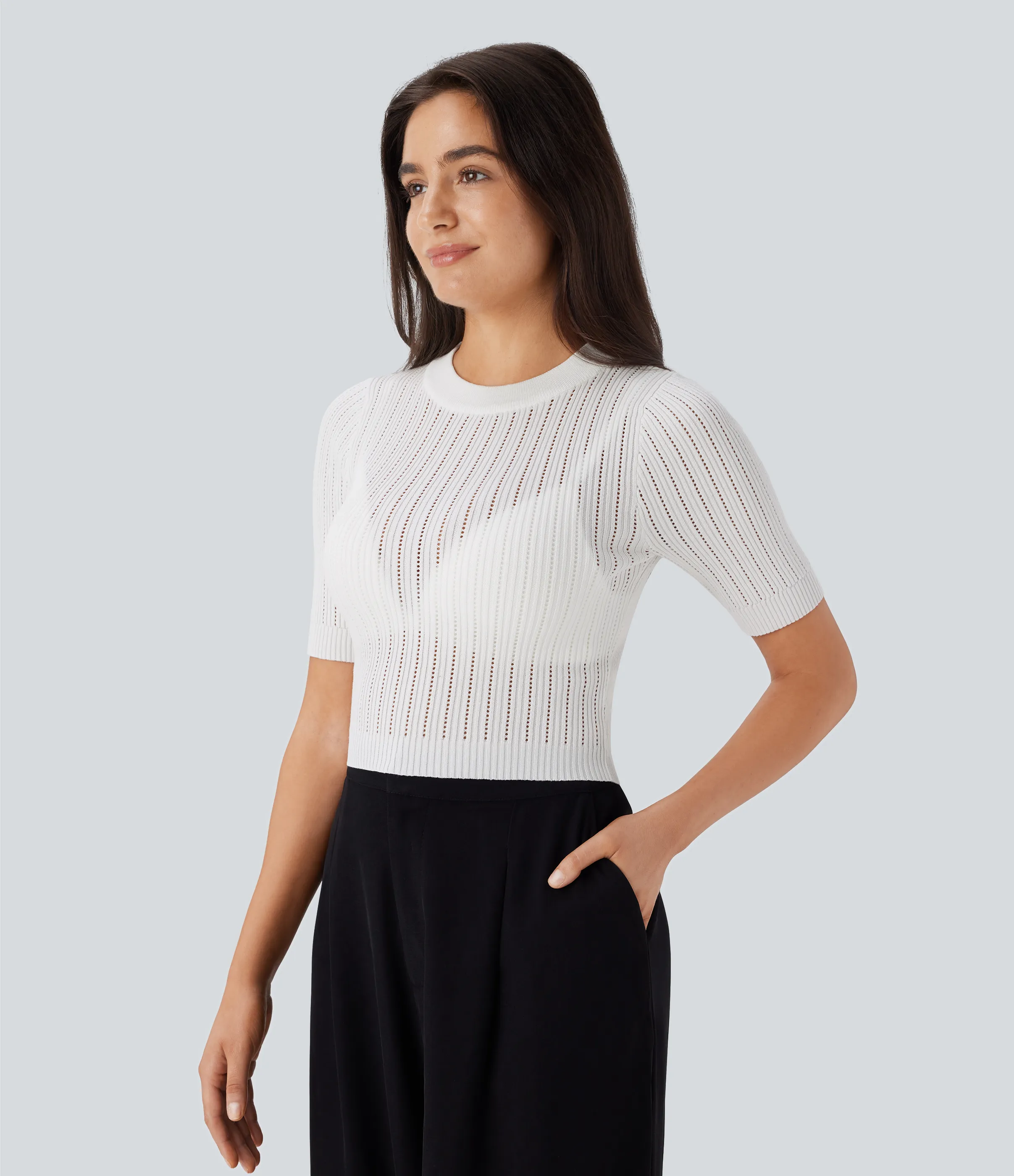 Halara Suéter oficina cuello redondo manga corta abertura - White - M sold by Halara product image thumbnail 4