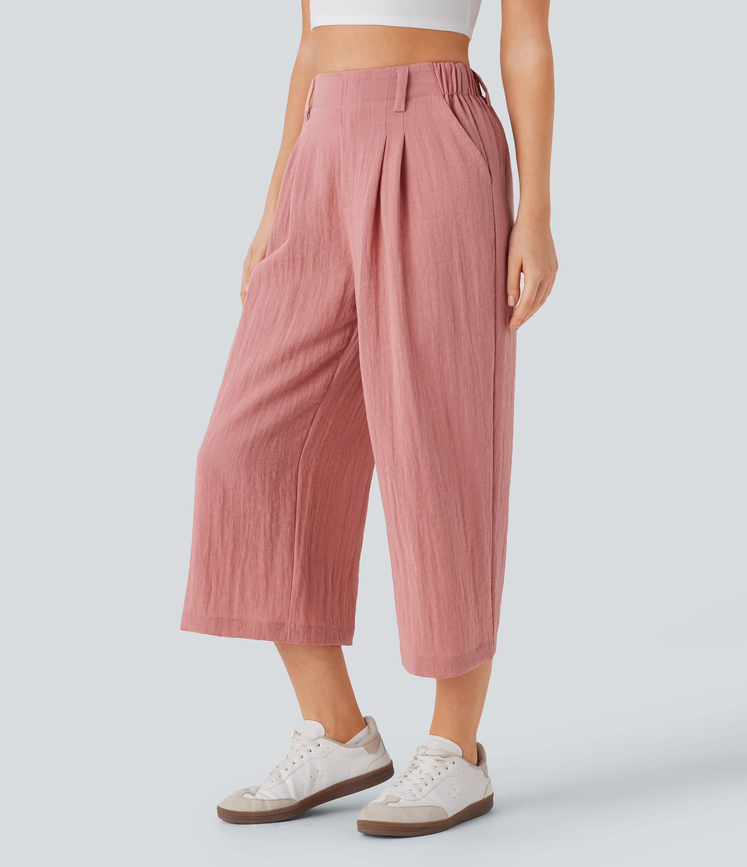 Halara Pantalón capri lino tiro alto bolsillo lateral pierna ancha holgado color liso - Rosette - L(regular) sold by Halara product image thumbnail 4