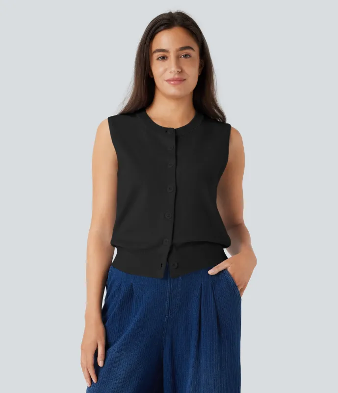 Halara Chaleco suéter cuello redondo botón parte delantera - Black - L sold by Halara