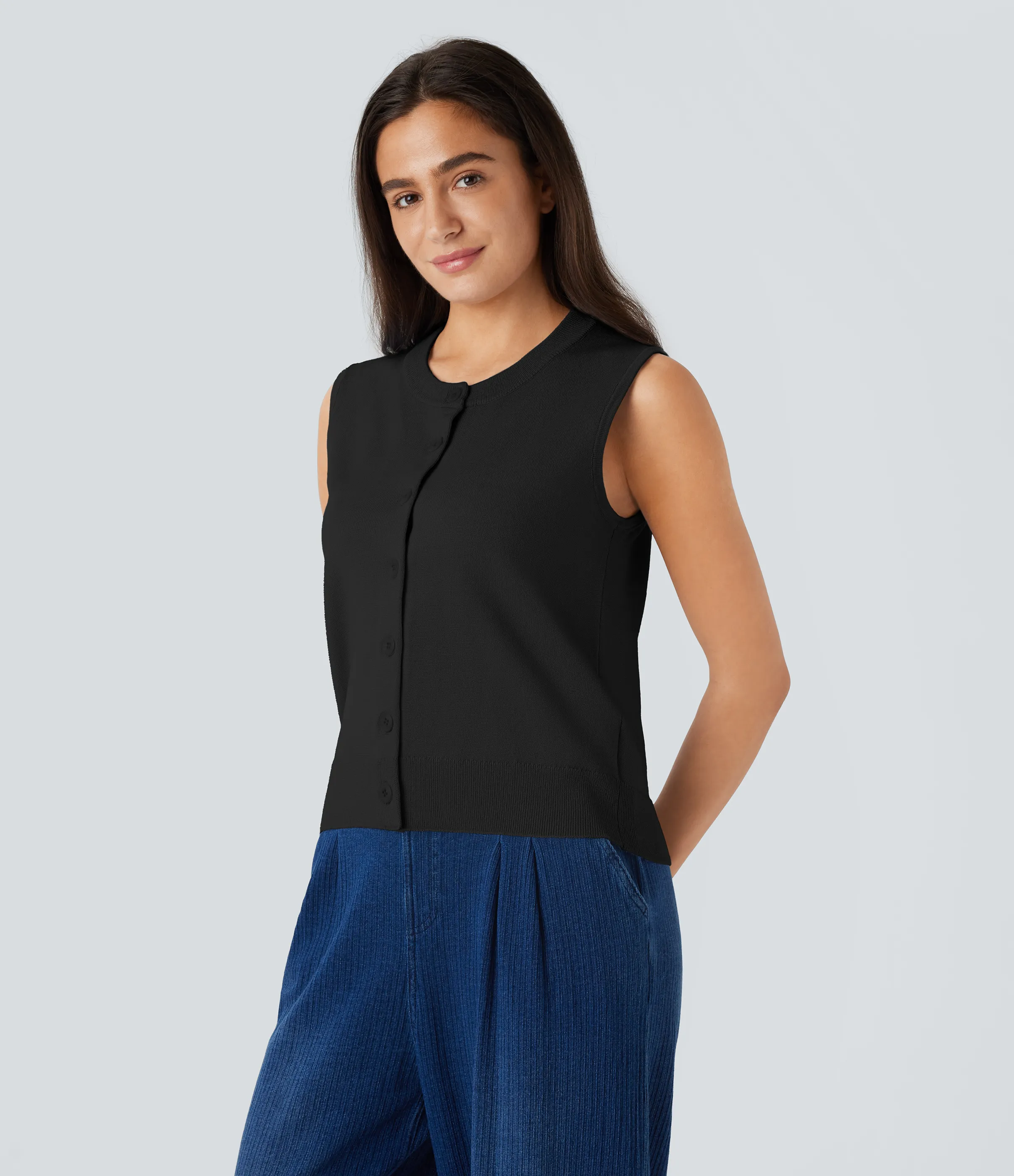 Halara Chaleco suéter cuello redondo botón parte delantera - Black - L sold by Halara product image thumbnail 4