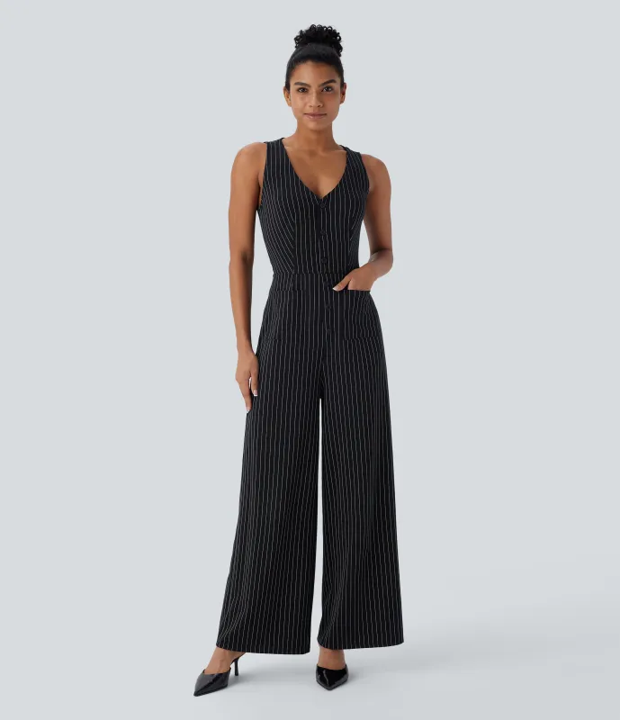 Halara Mono oficina cuello V sin mangas bolsillo delantero recortado pierna ancha rayas tacto fresco - Black White Pinstripe - M(regular) sold by Halara