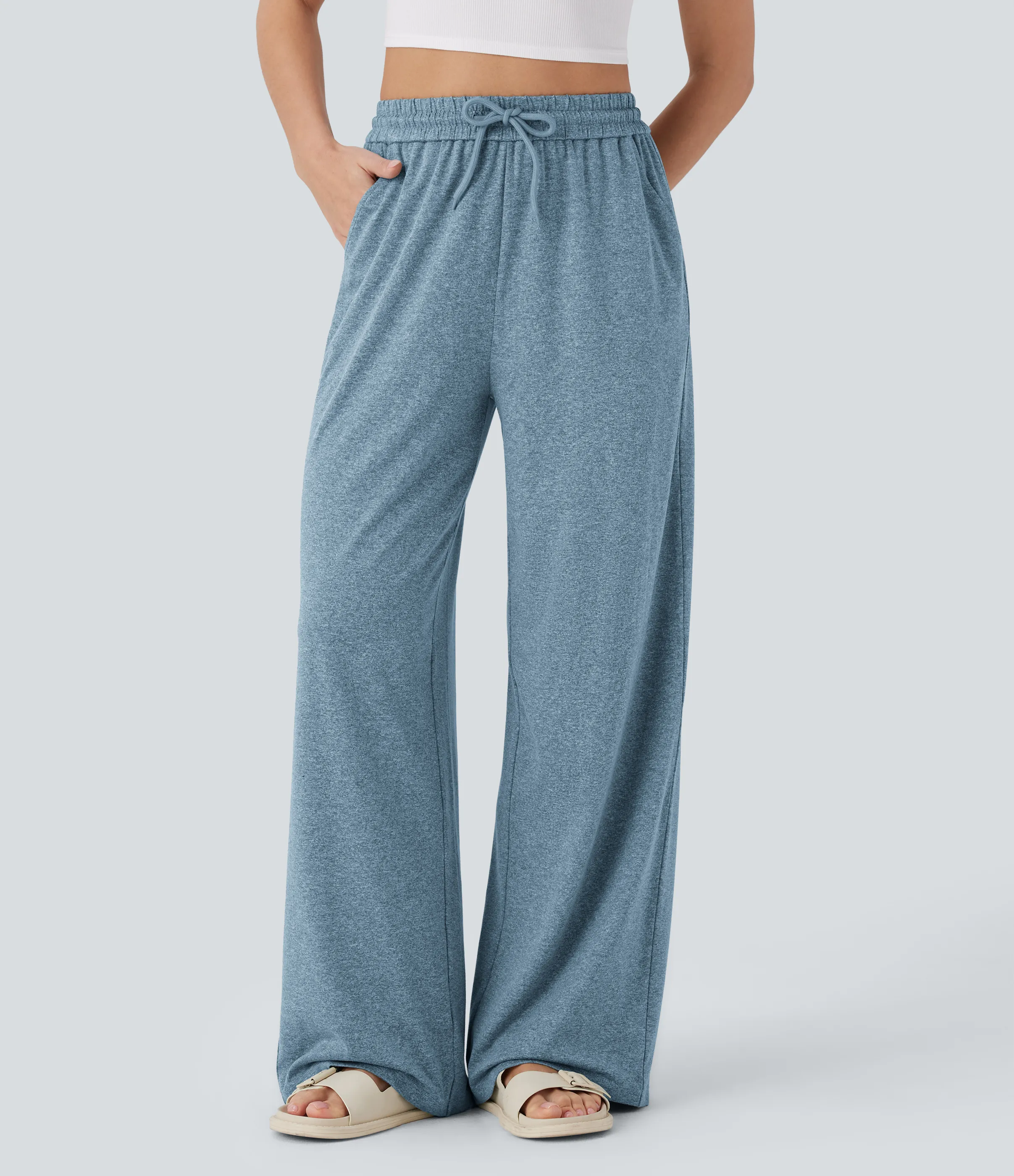 Halara Pantalón pierna ancha bolsillo lateral cordón tiro alto - Azure Blue Floral Yarn - L(regular) sold by Halara product image thumbnail 2