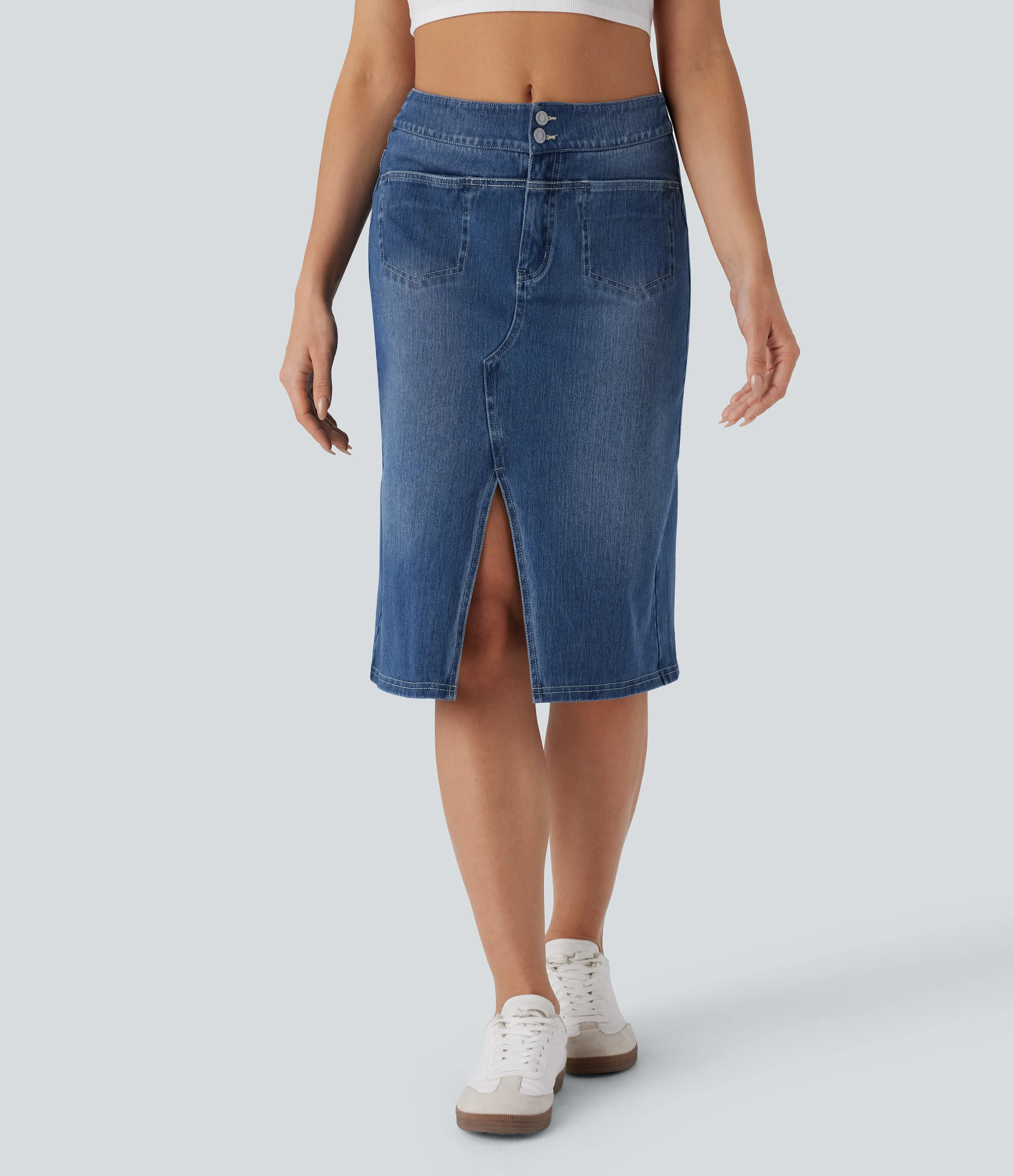 Halara Falda Halara Flex™ Denim mezclilla elástico lavada recta dividida múltiple bolsillo tiro medio - Deep Amber Blue Denim - L(regular) sold by Halara product image thumbnail 2