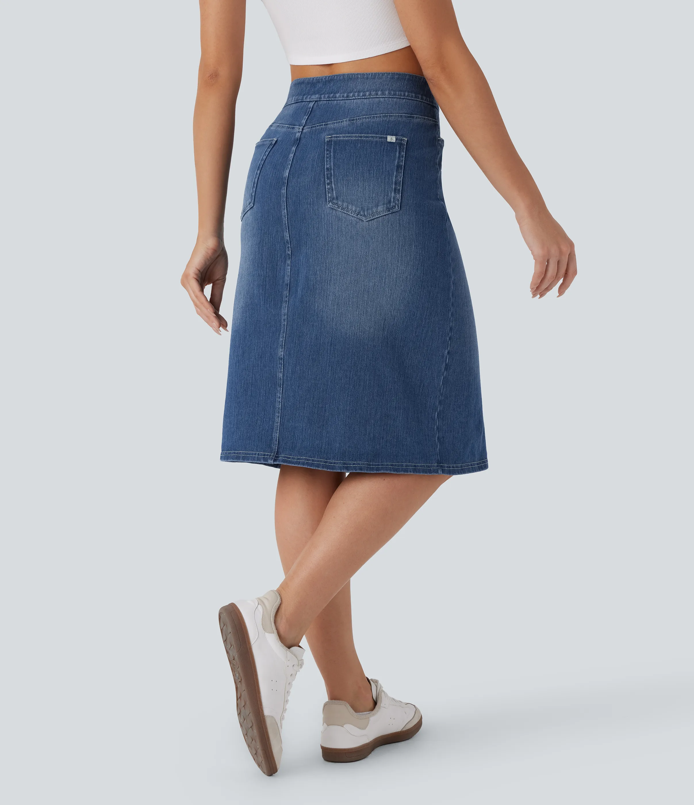 Halara Falda Halara Flex™ Denim mezclilla elástico lavada recta dividida múltiple bolsillo tiro medio - Deep Amber Blue Denim - L(regular) sold by Halara product image thumbnail 3