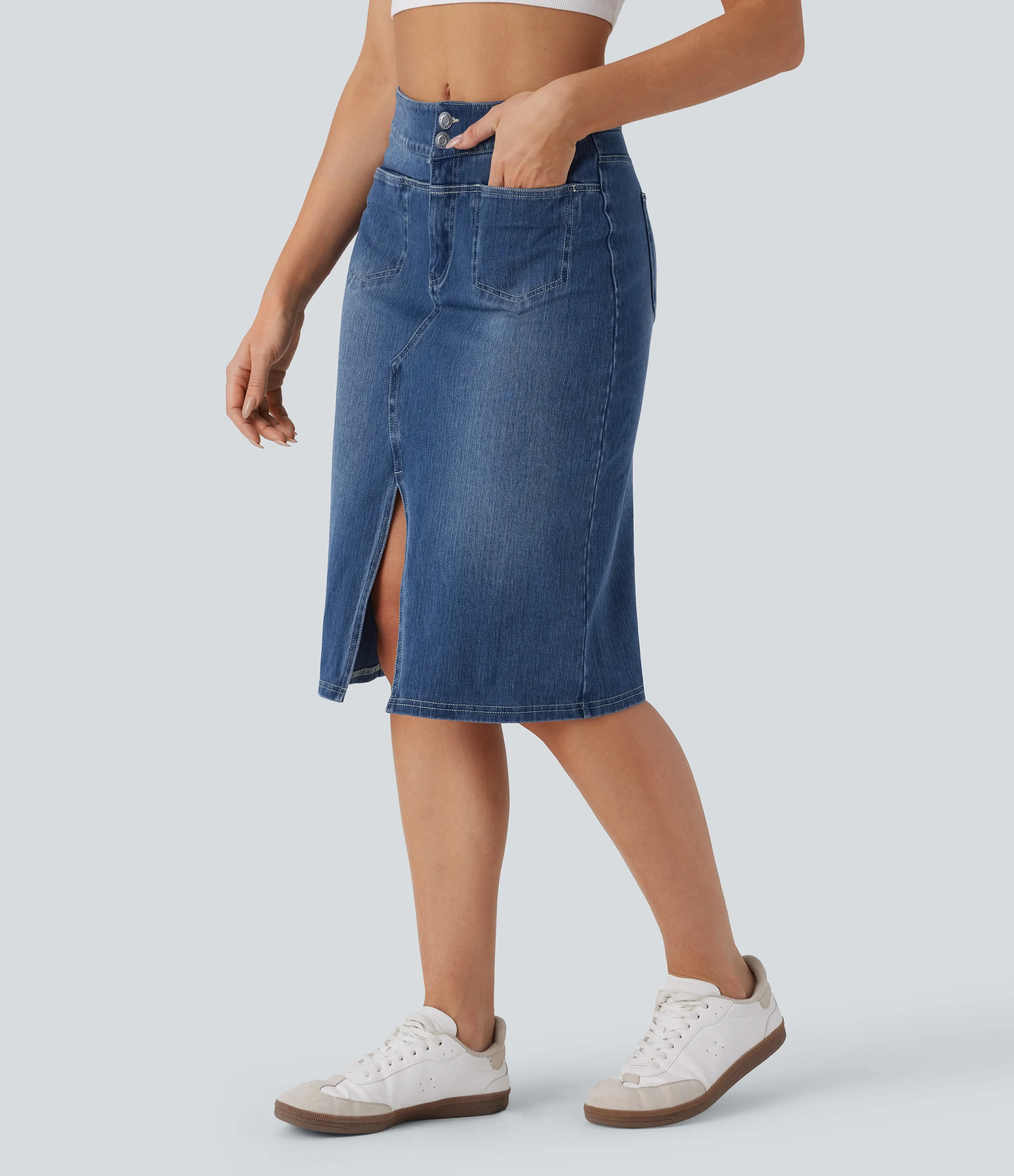 Halara Falda Halara Flex™ Denim mezclilla elástico lavada recta dividida múltiple bolsillo tiro medio - Deep Amber Blue Denim - L(regular) sold by Halara product image thumbnail 4