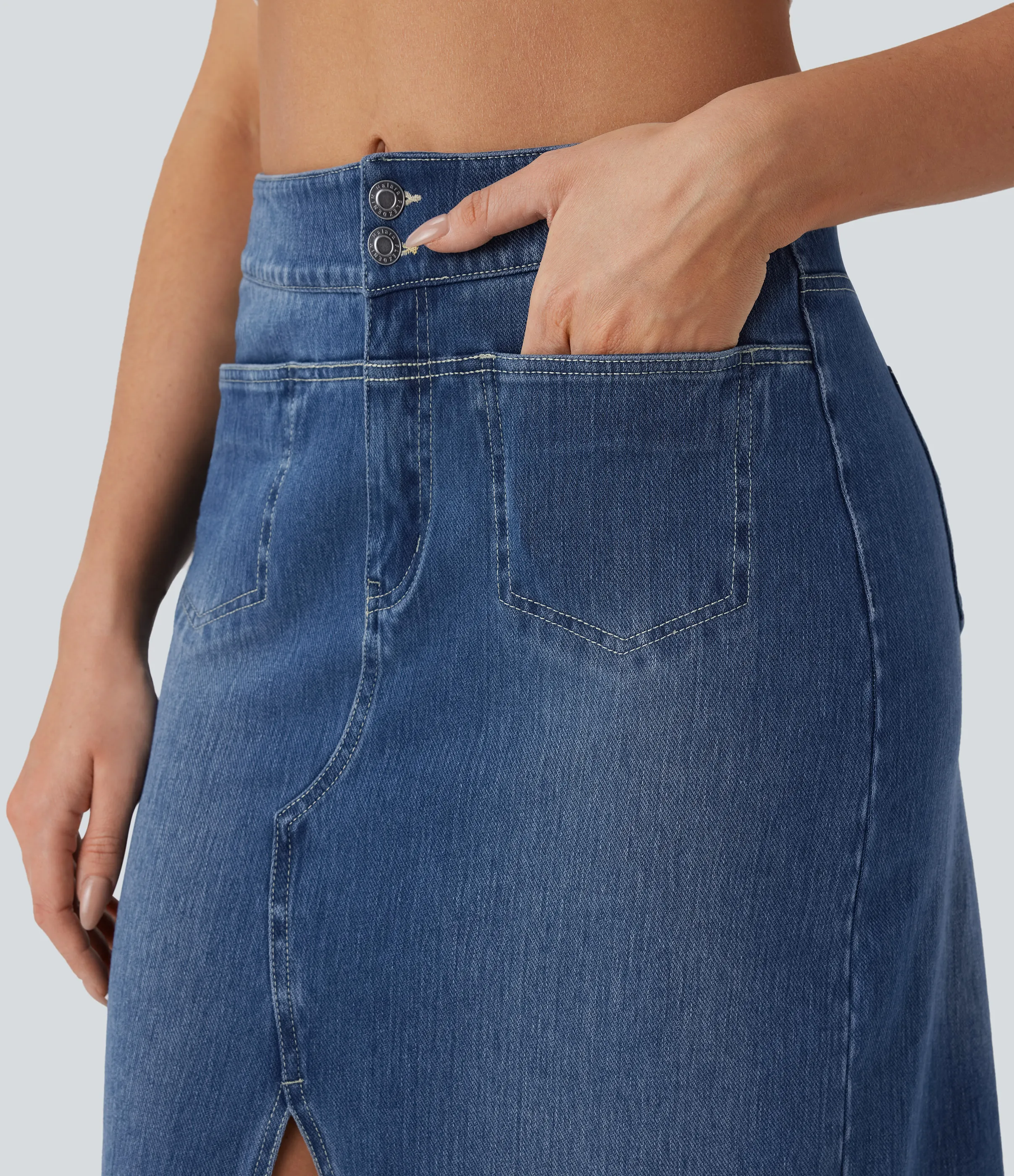 Halara Falda Halara Flex™ Denim mezclilla elástico lavada recta dividida múltiple bolsillo tiro medio - Deep Amber Blue Denim - L(regular) sold by Halara product image thumbnail 5