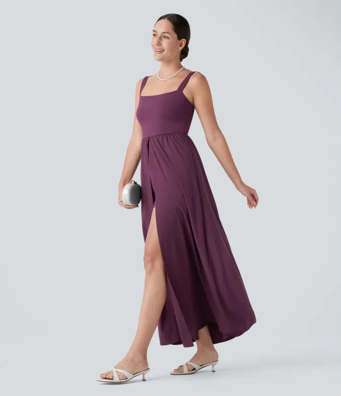 Halara Mono Breezeful™ dama honor invitada boda secado rápido fluido abertura bolsillo lateral 2 en 1 cuello cuadrado sin espalda - Amaranth - M(regular) made by Halara