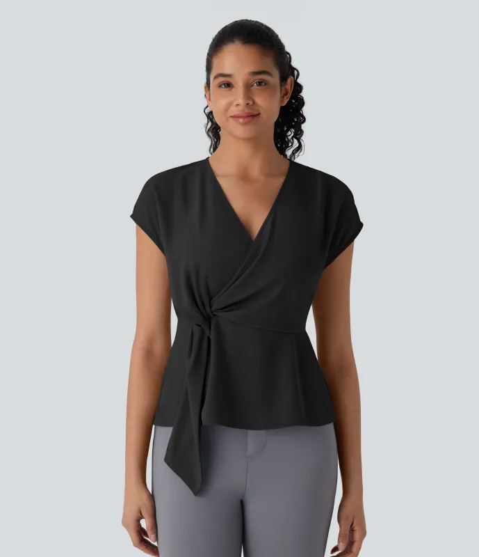 Halara Blusa oficina cruzada cuello V manga corta fruncida - Black - L sold by Halara