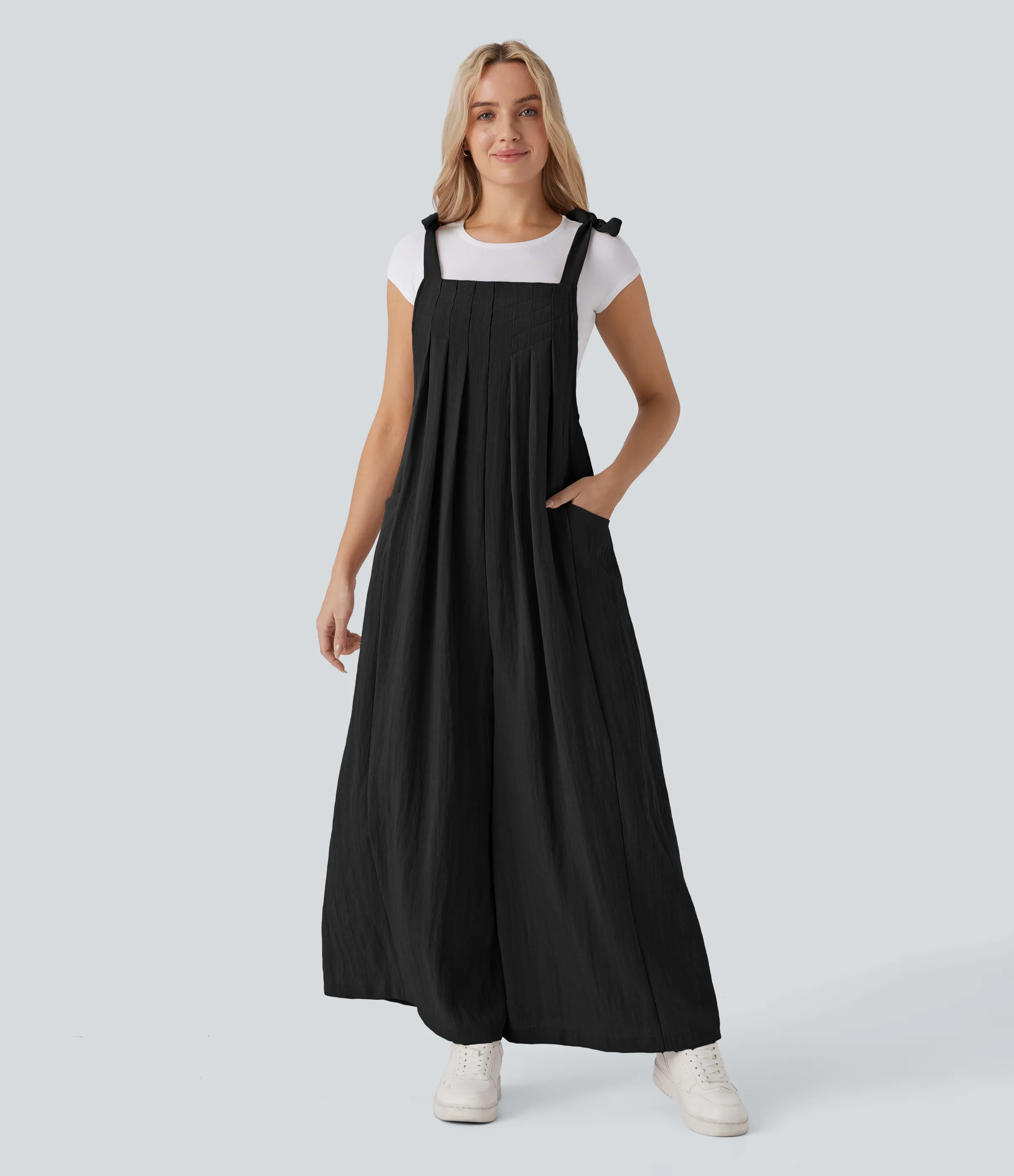 Halara Mono holgado tacto lino bolsillo lateral lazo ajustable fluido - Black - M(regular) sold by Halara