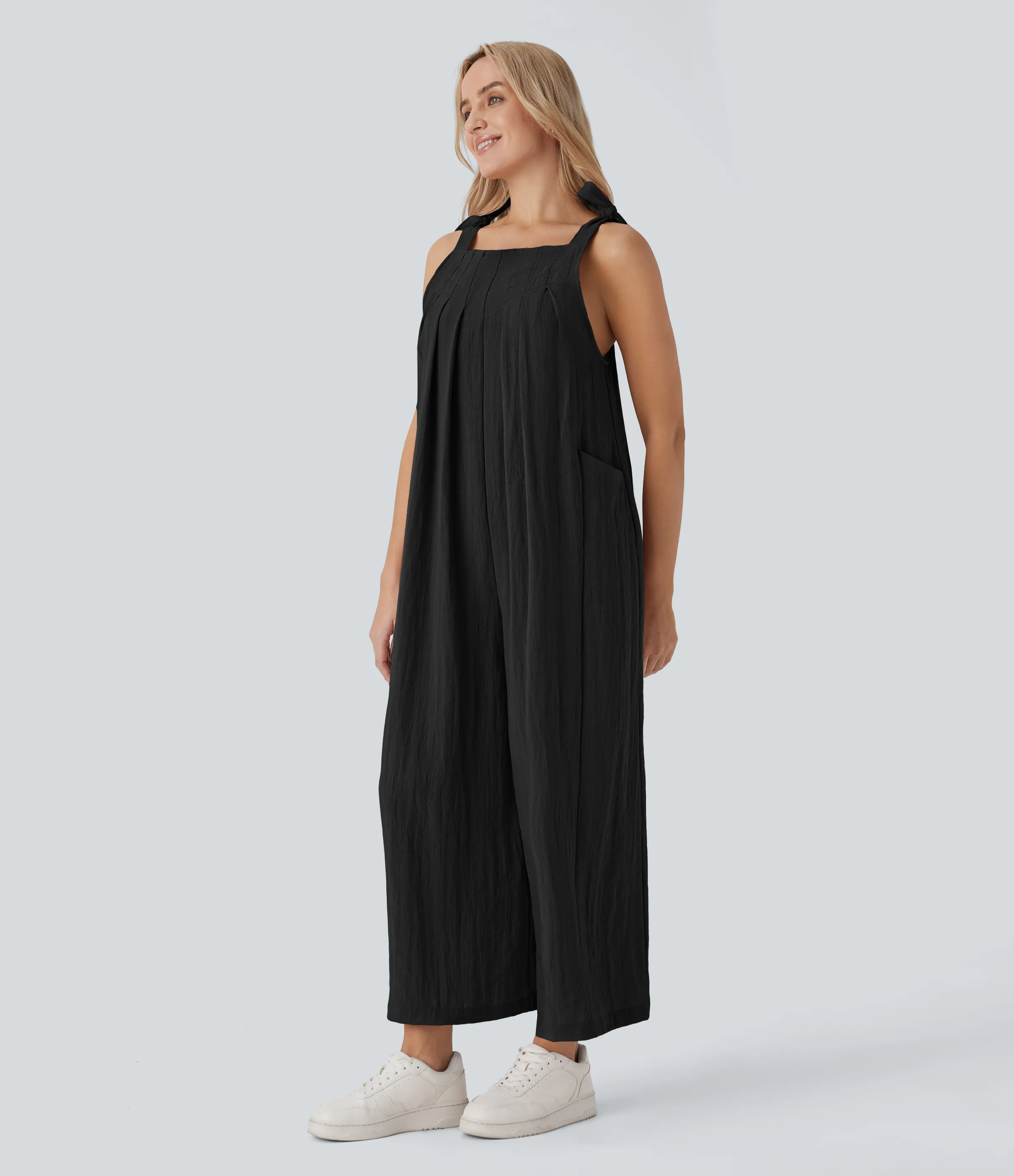 Halara Mono holgado tacto lino bolsillo lateral lazo ajustable fluido - Black - M(regular) sold by Halara product image thumbnail 3