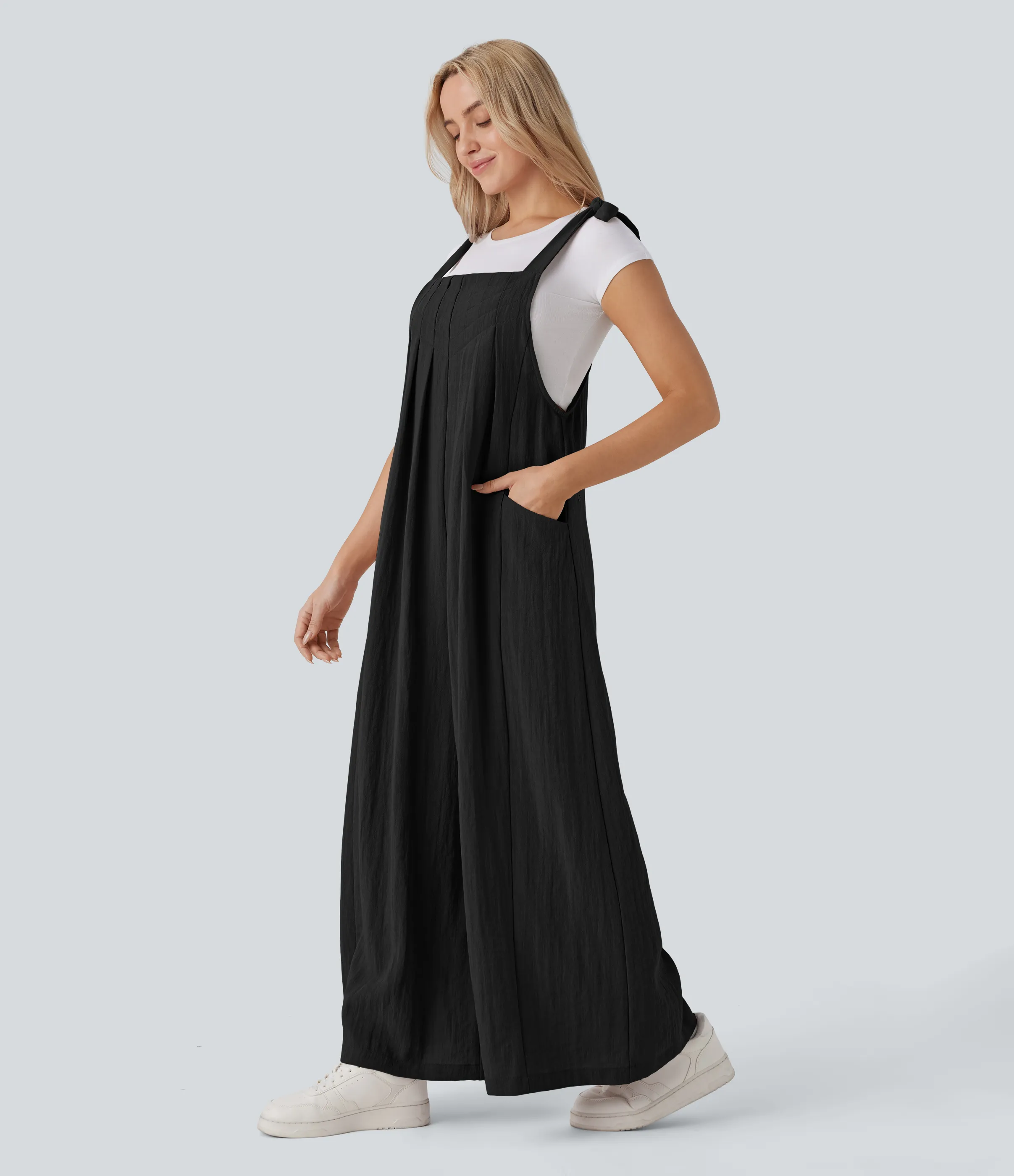 Halara Mono holgado tacto lino bolsillo lateral lazo ajustable fluido - Black - M(regular) sold by Halara product image thumbnail 5