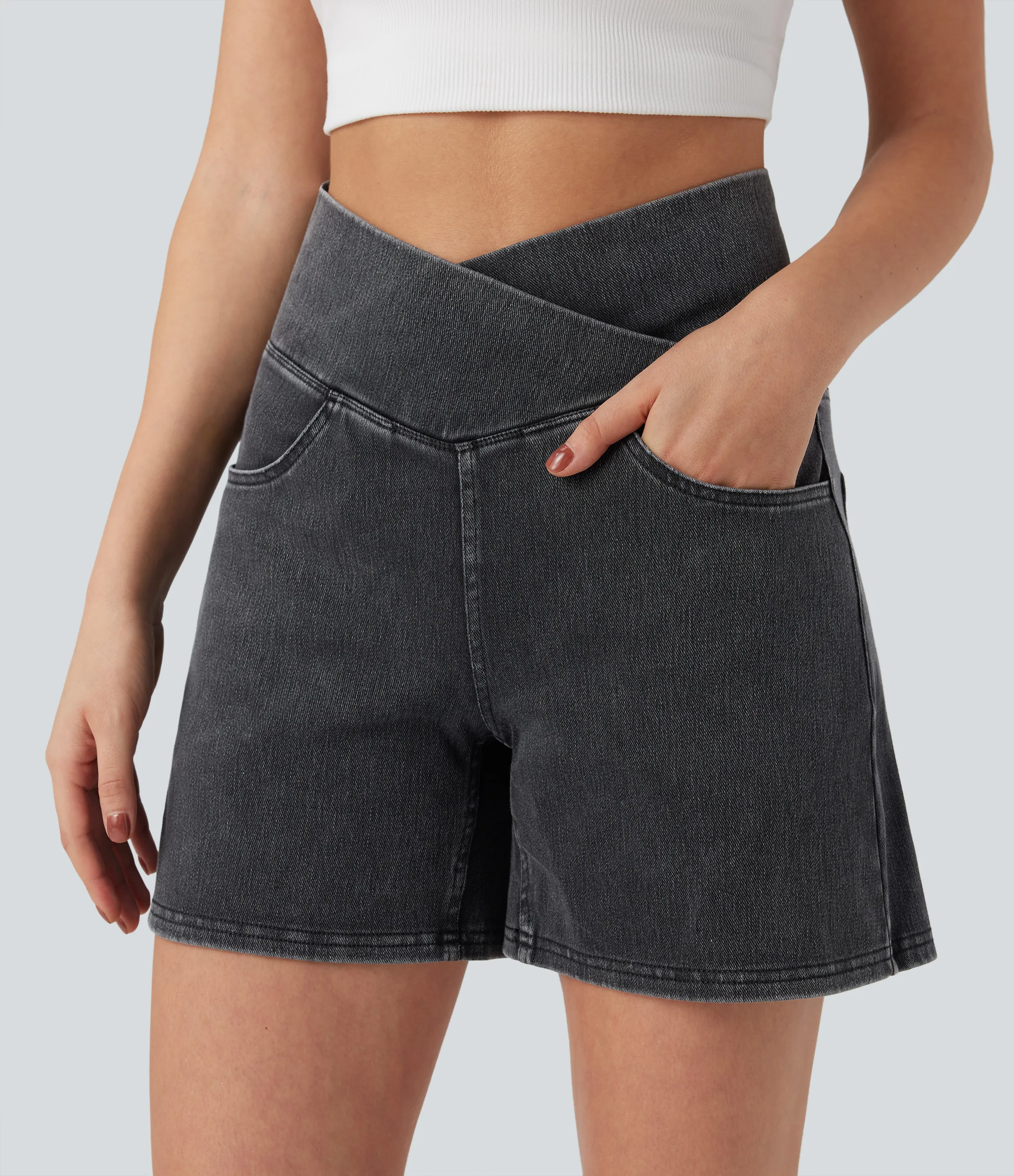 Halara Pantalón corto Halara Flex™ Denim mezclilla elástico lavado tiro alto múltiple bolsillo - Iron Gate Denim - L(regular) sold by Halara product image thumbnail 5