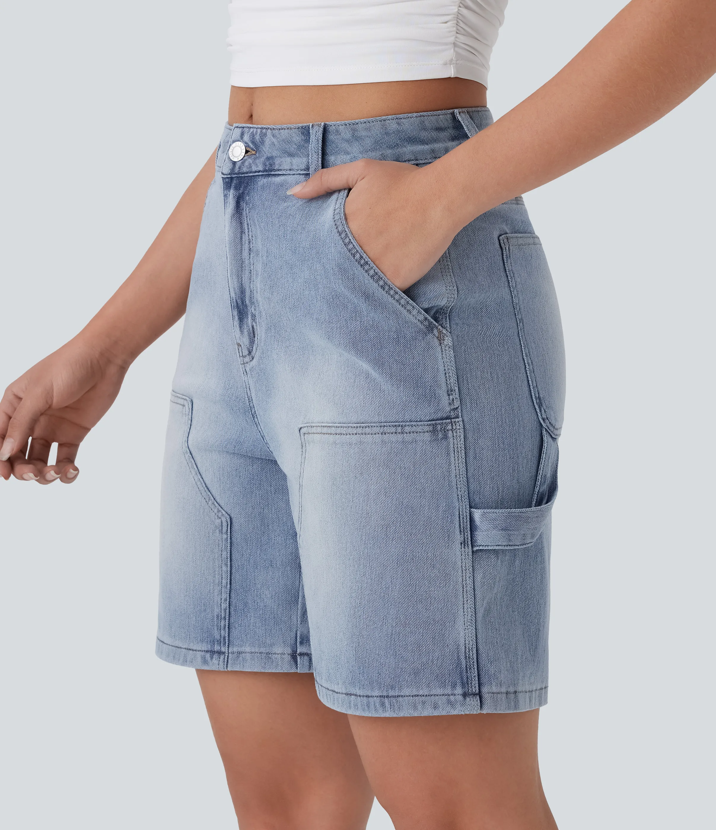 Halara Bermudas Halara Flex™ Denim mezclilla elástica lavada múltiple bolsillo tiro medio - Soft Blue Denim - XS(regular) sold by Halara product image thumbnail 3