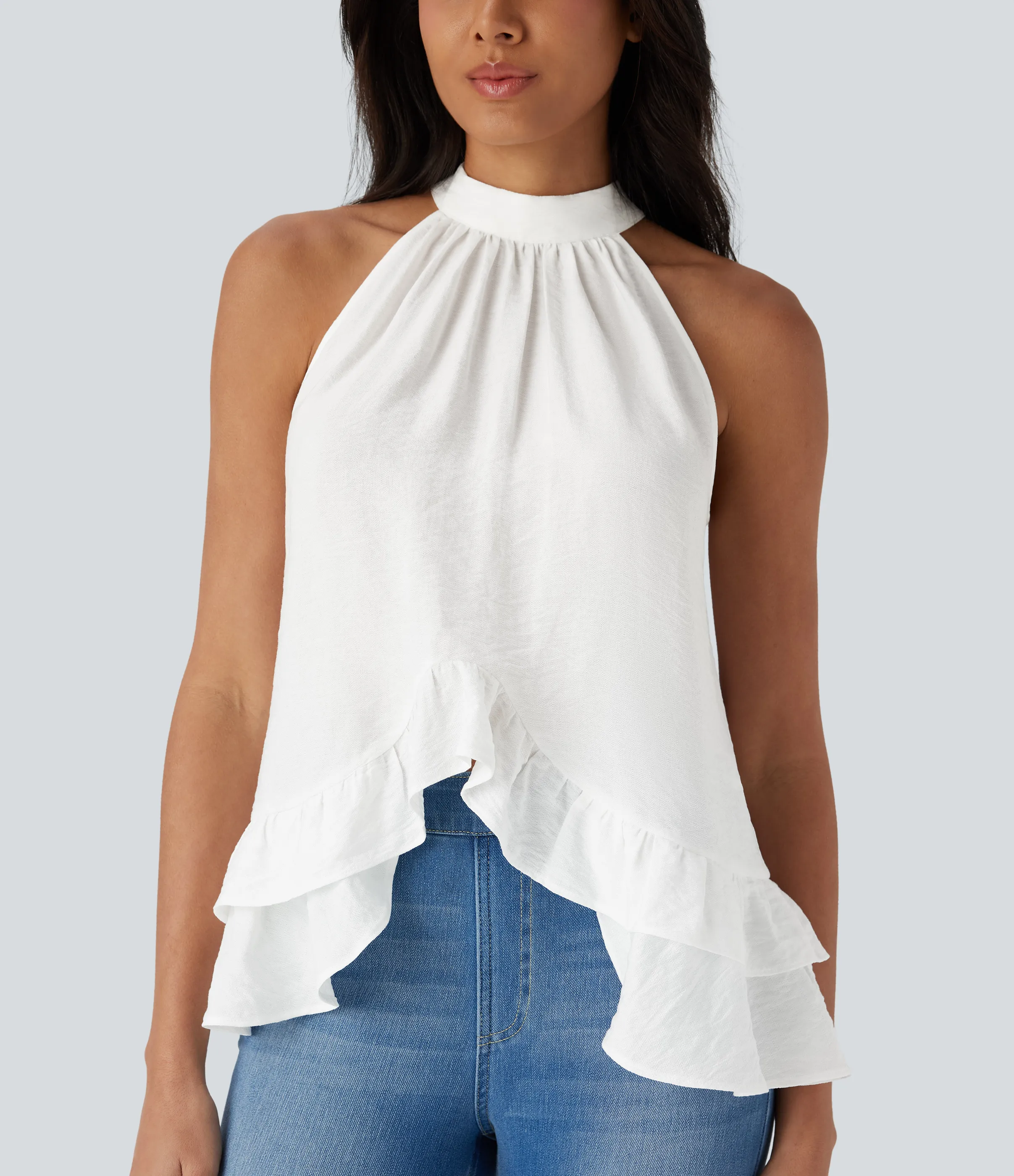 Halara Top asimétrico cuello alto sin mangas botón dobladillo volante - White - M sold by Halara product image thumbnail 5