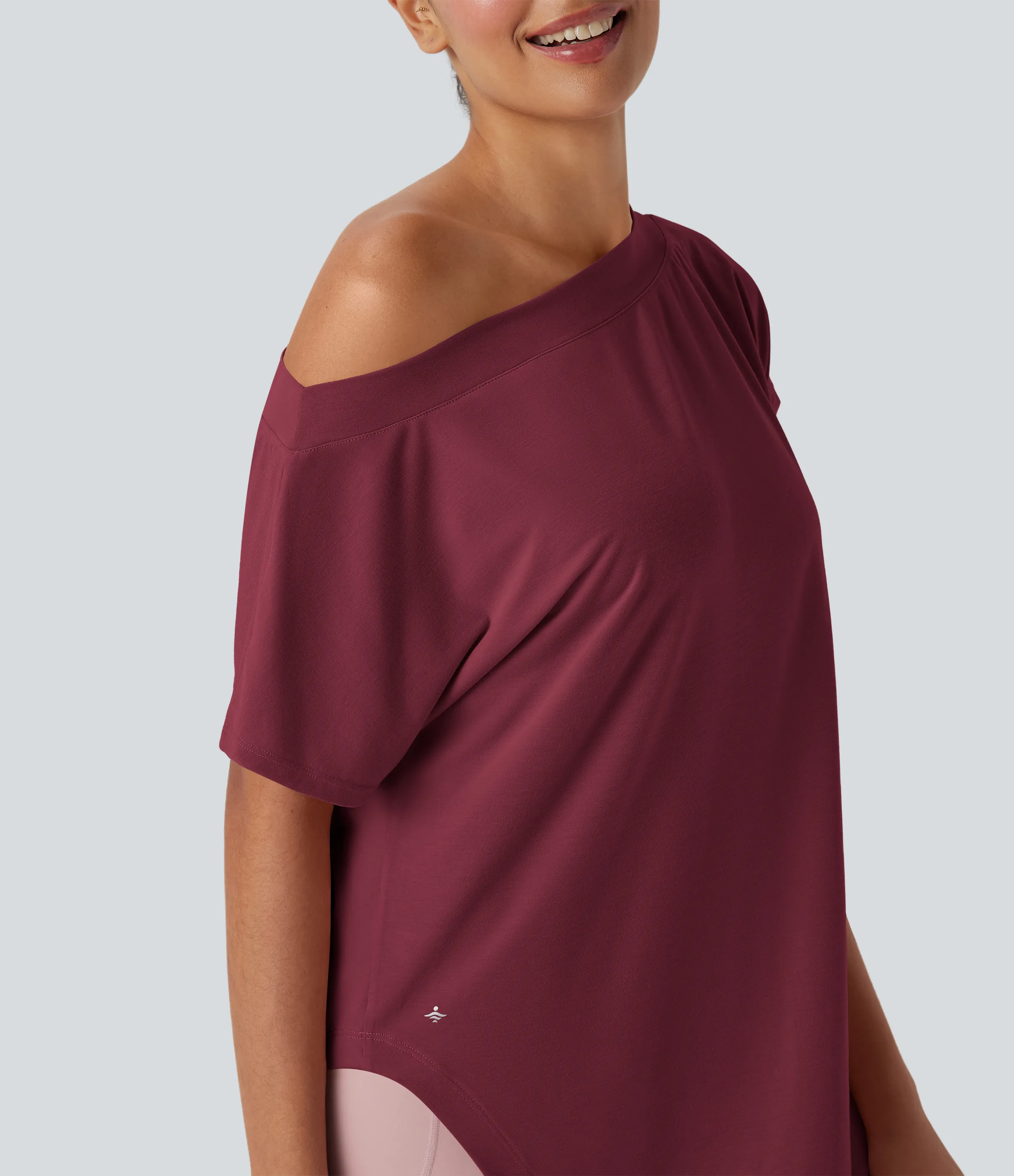 Halara Top deportivo de yoga de manga corta con secado rápido y hombro descubierto con dobladillo curvo - Tibetan Red - XL sold by Halara product image thumbnail 5