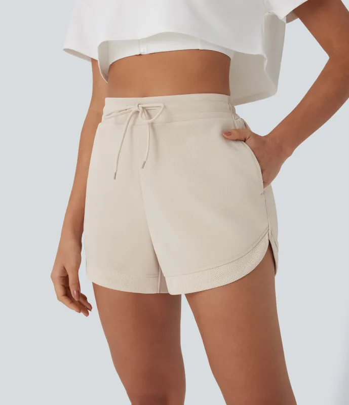 Halara Shorts de yoga de tiro alto con cordón ajustable, tejido en contraste, dobladillo curvo y bolsillos - Whitecap Gray - M sold by Halara