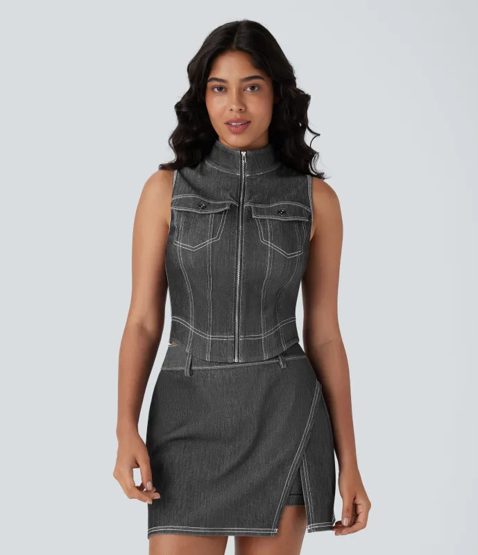 Halara Camiseta Halara Flex™ Denim tenis elástica desgastada con cuello alto y cremallera de tacto refrescante - Meteorite Black Denim - XS sold by Halara