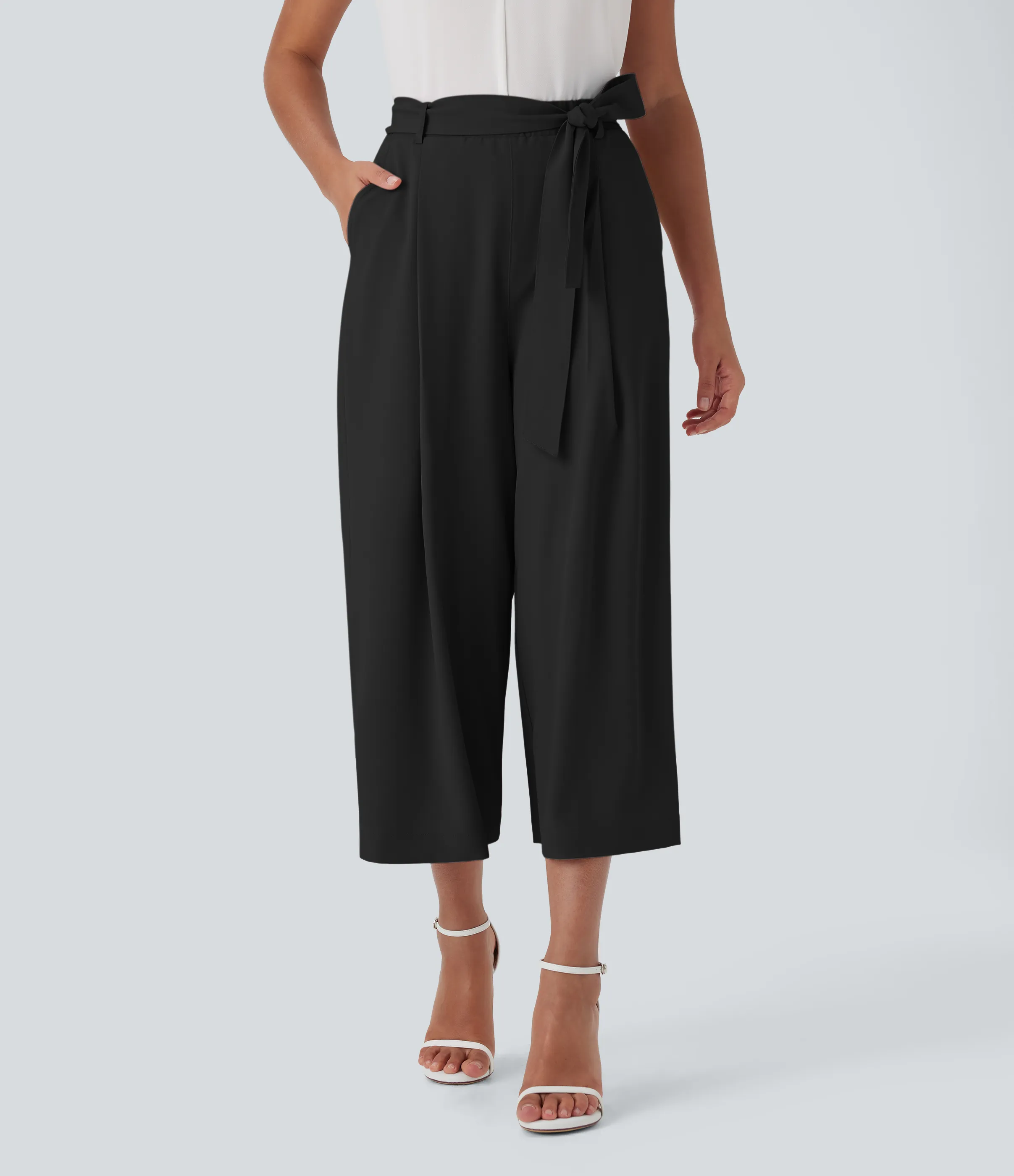 Halara Pantalones de oficina anchos de tiro alto con cremallera invisible, cinturón y bolsillos - Black - XL(regular) sold by Halara