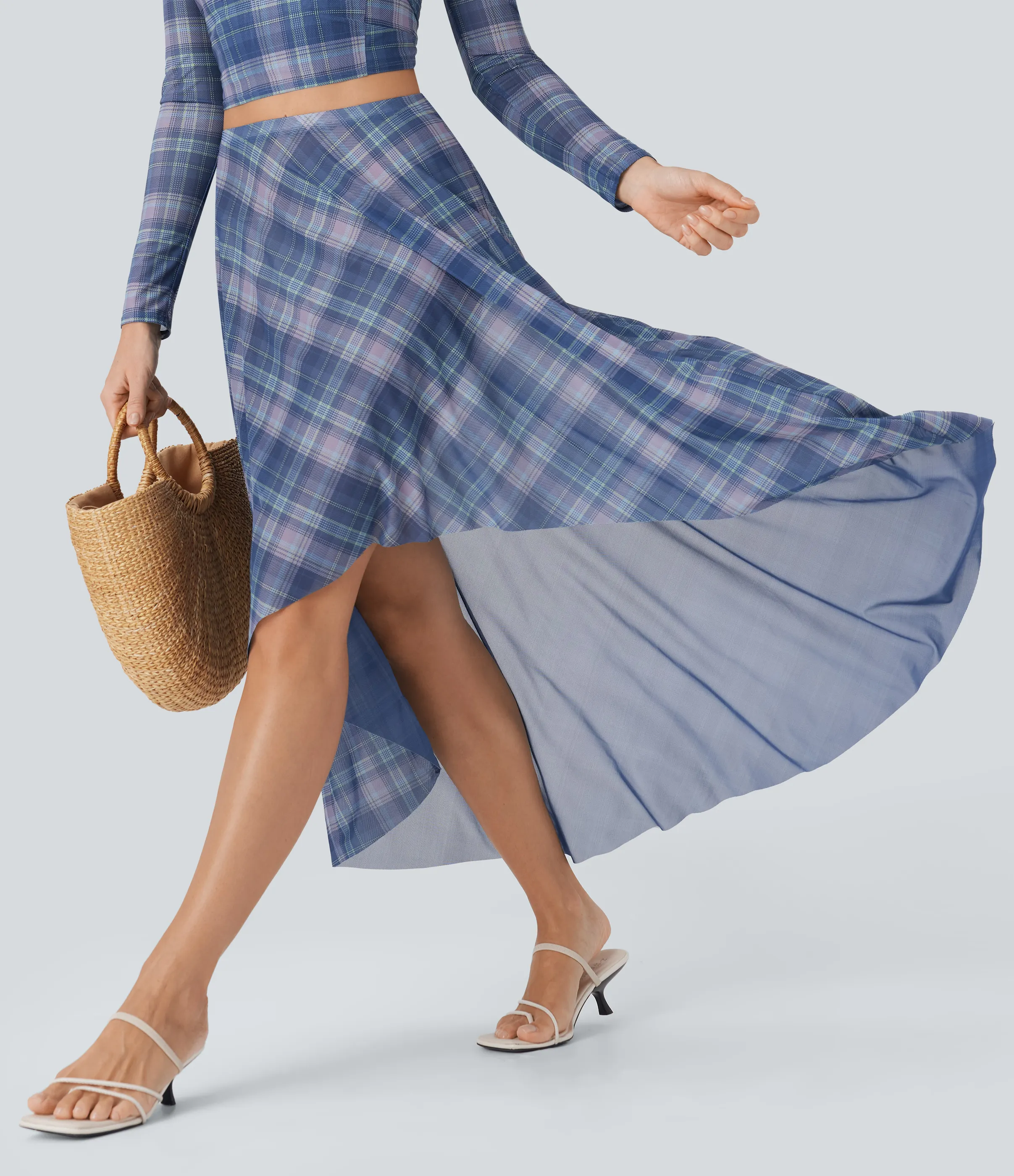 Halara Falda larga fluida con tiro alto de malla transparente con tiro alto y cuadros escoceses - Purple Plaid - L(regular) sold by Halara product image thumbnail 2