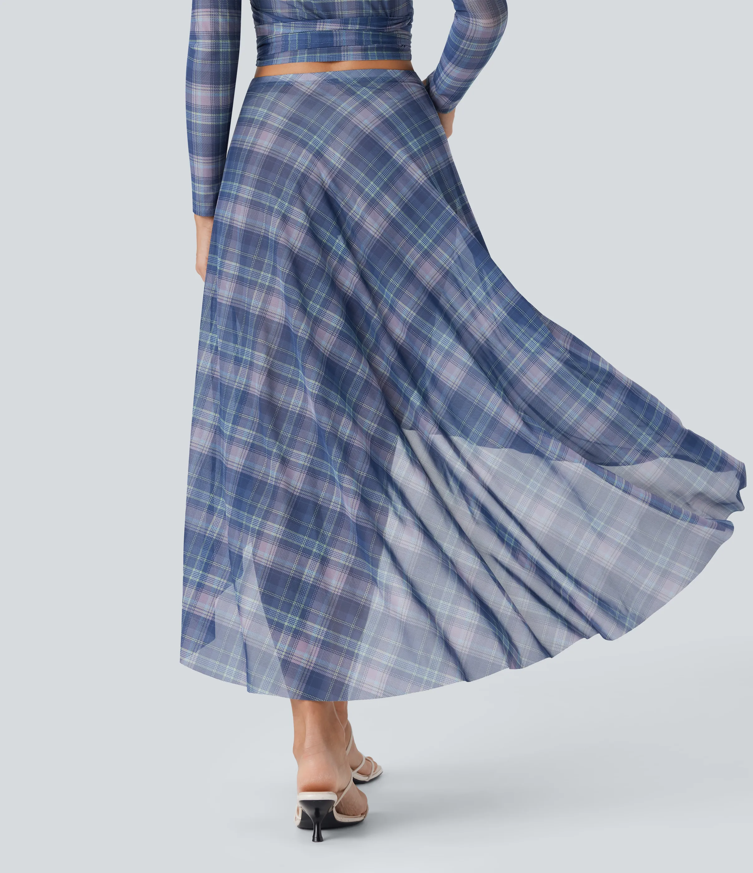 Halara Falda larga fluida con tiro alto de malla transparente con tiro alto y cuadros escoceses - Purple Plaid - L(regular) sold by Halara product image thumbnail 3