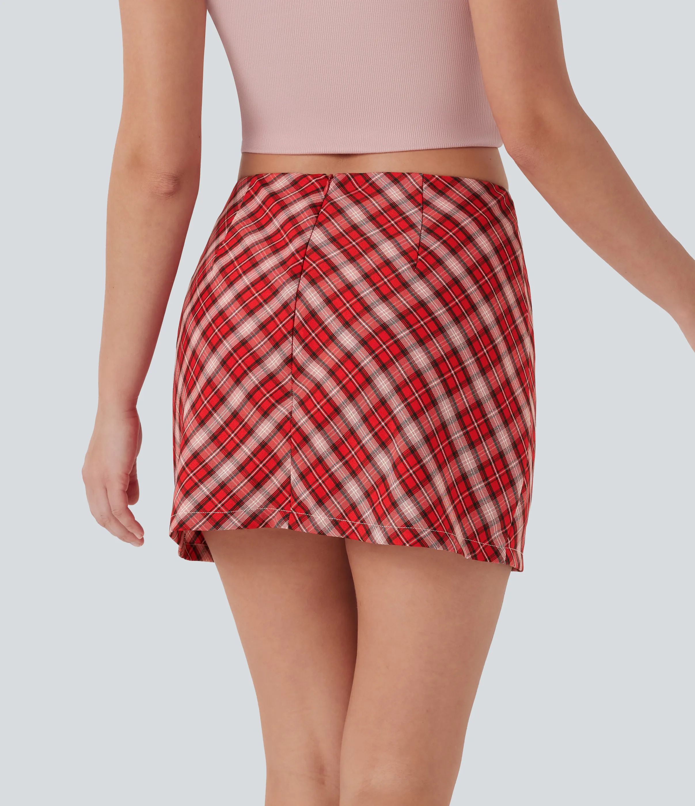 Halara Minifalda casual 2 en 1 a cuadros de tiro medio con cremallera invisible y corte A con bolsillo - Red White Plaid - S(regular) sold by Halara product image thumbnail 3