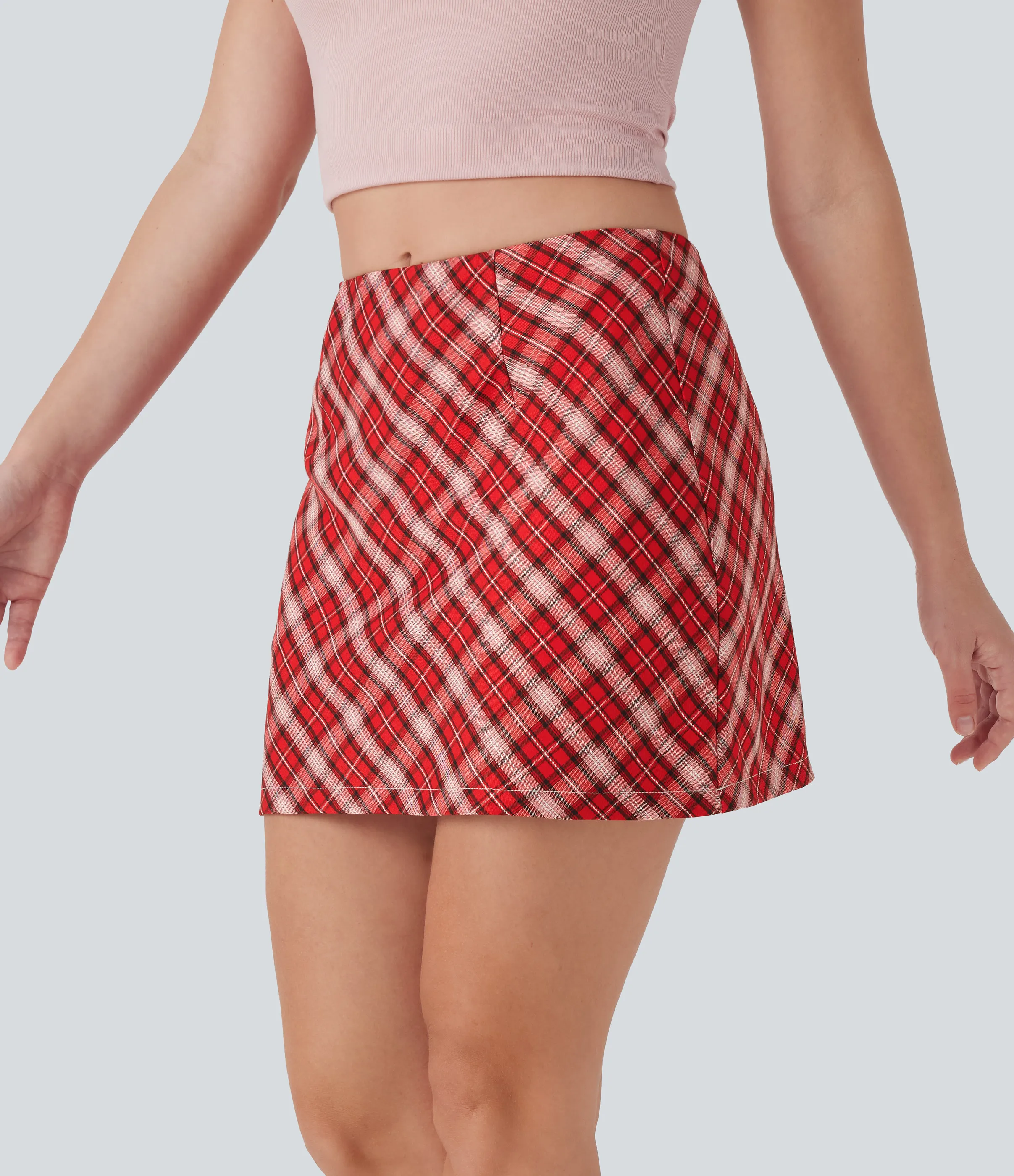 Halara Minifalda casual 2 en 1 a cuadros de tiro medio con cremallera invisible y corte A con bolsillo - Red White Plaid - S(regular) sold by Halara product image thumbnail 4