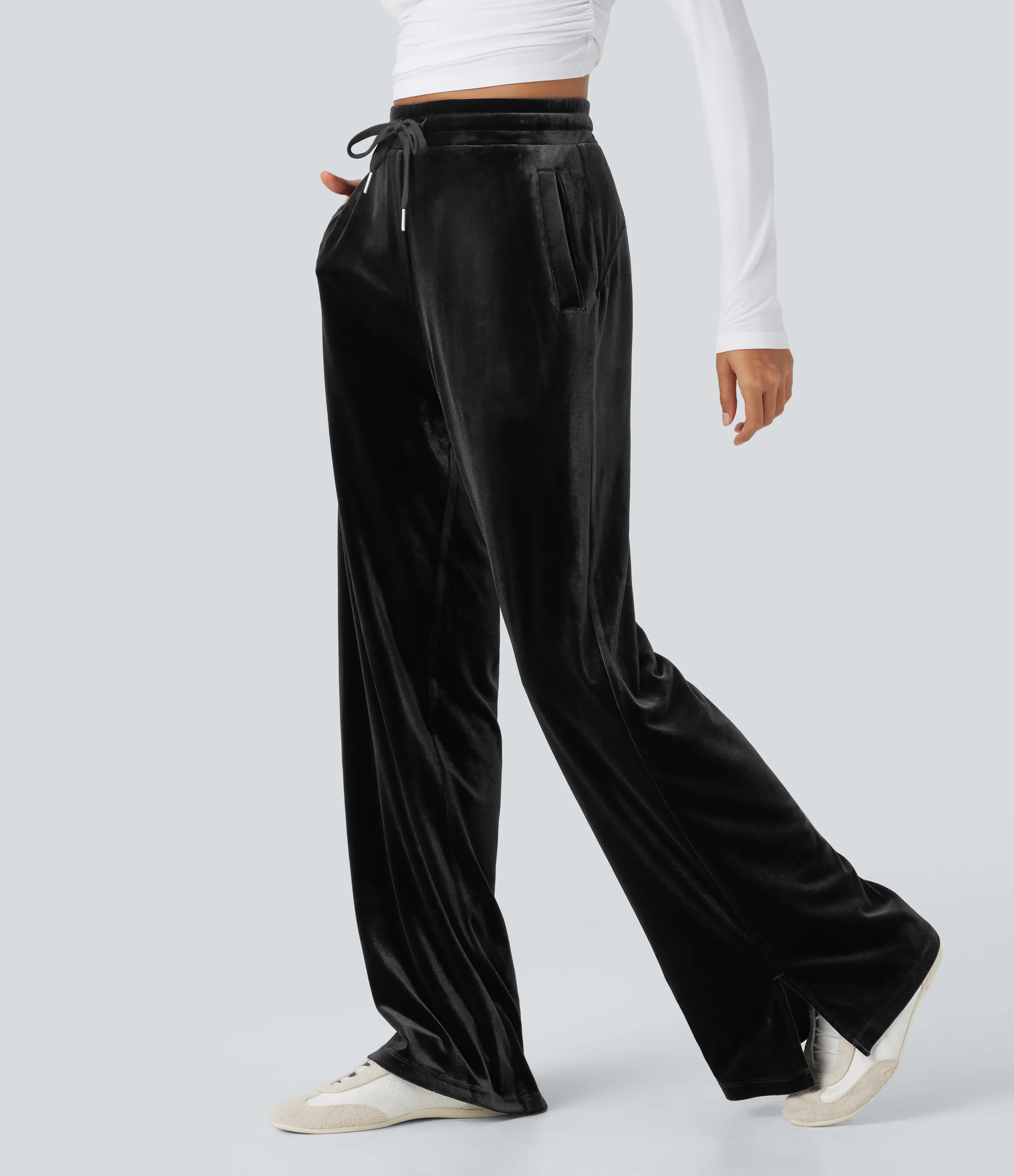 Halara Pantalones casuales anchos de terciopelo con tiro alto y cordón ajustable con bolsillos - Black - M(regular) sold by Halara product image thumbnail 2