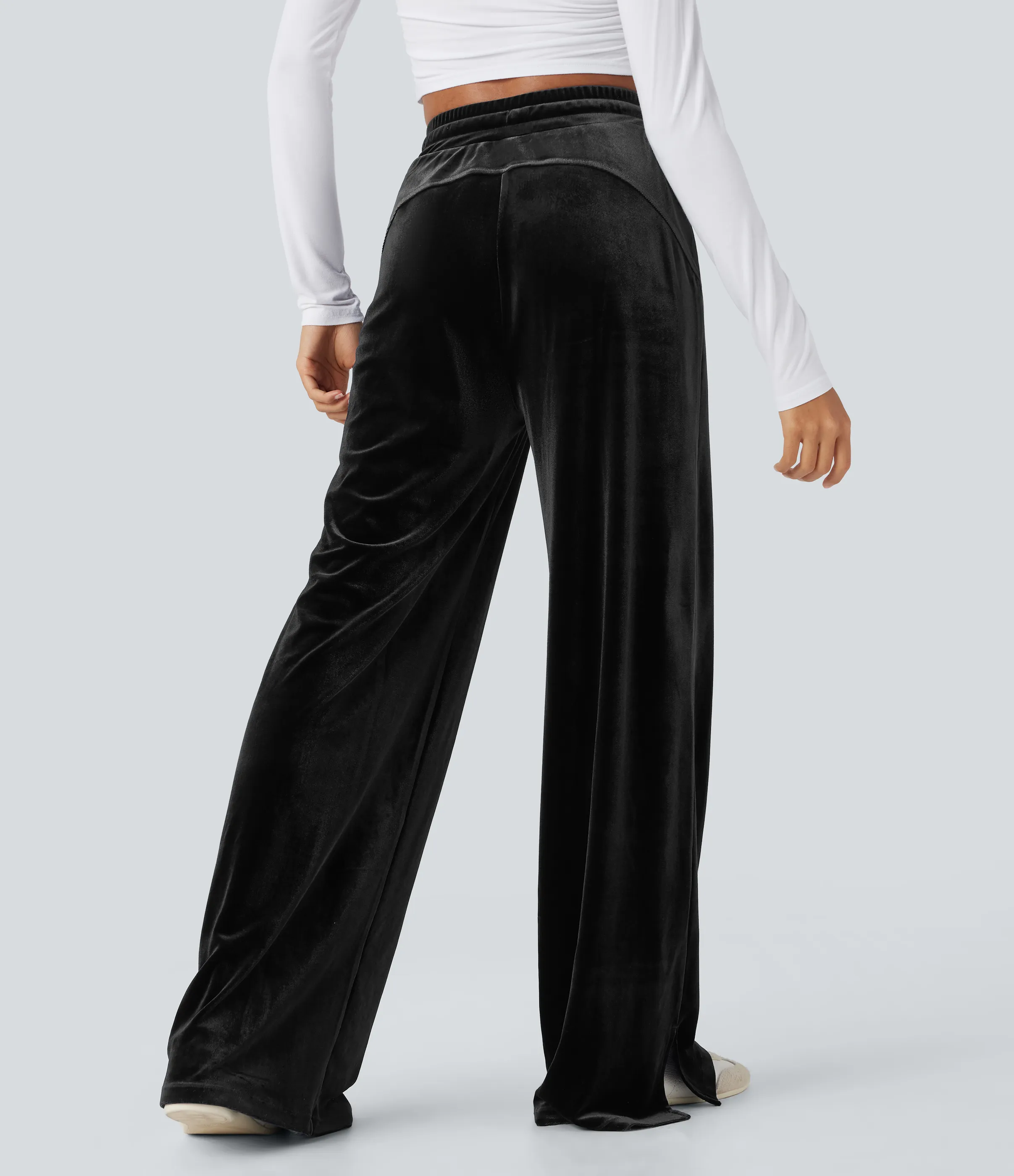 Halara Pantalones casuales anchos de terciopelo con tiro alto y cordón ajustable con bolsillos - Black - M(regular) sold by Halara product image thumbnail 3
