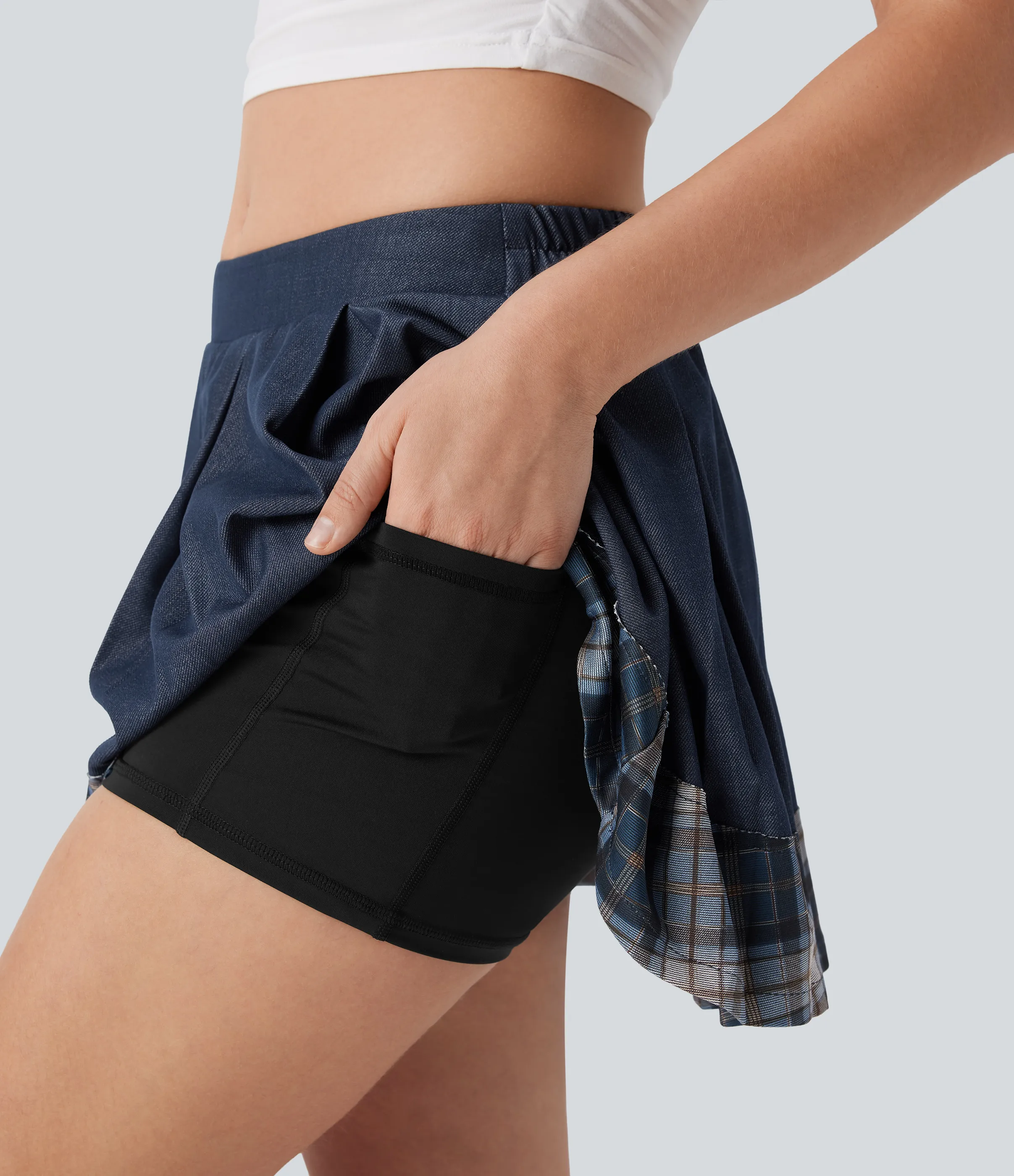 Halara Minifalda casual 2 en 1 plisada de tiro medio en corte A con efecto denim a cuadros y bolsillo lateral - Mood Indigo - XS(regular) sold by Halara product image thumbnail 5