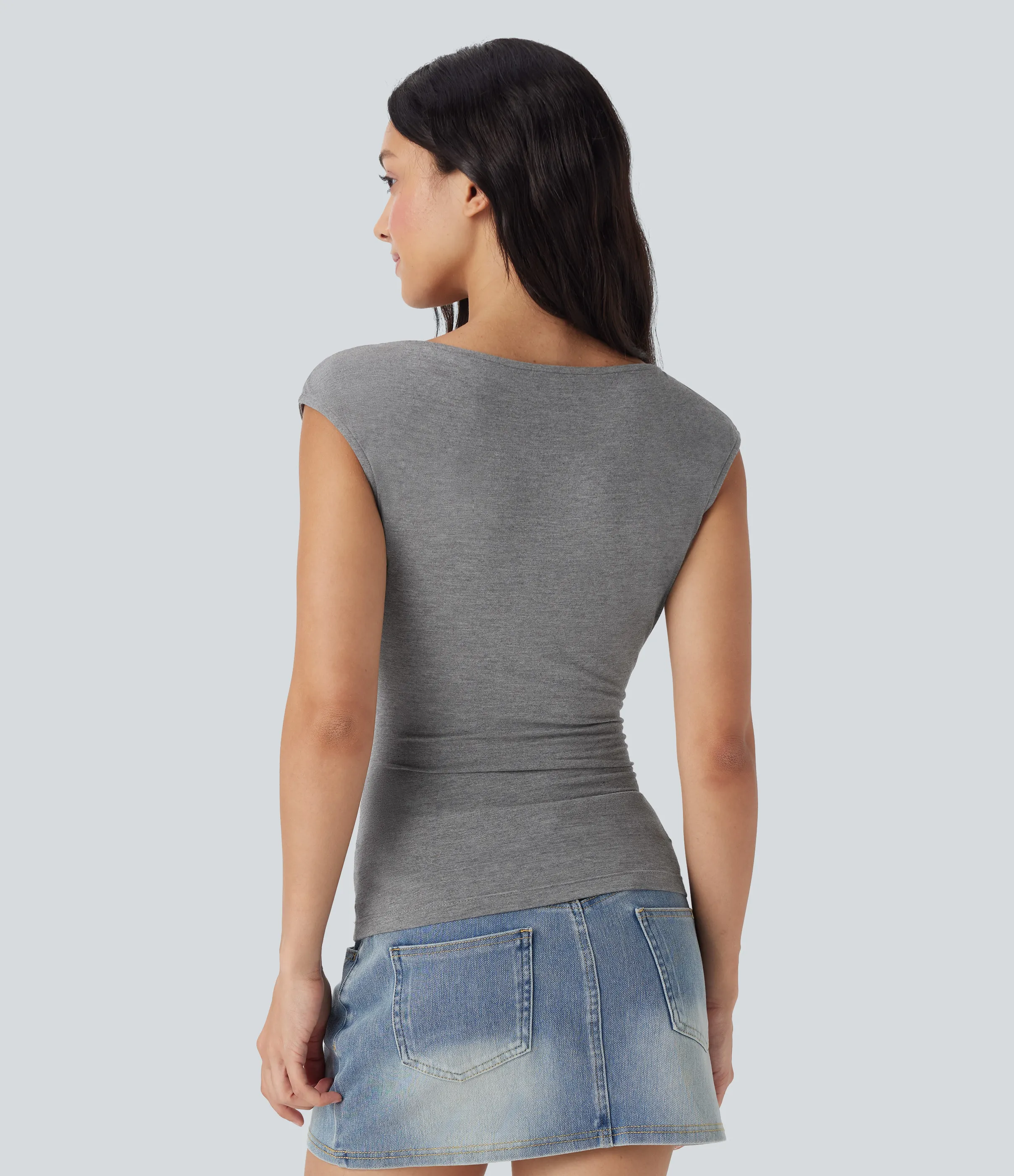 Halara Top casual fruncido con cuello barco y manga corta - Dark Mottled Grey - XS sold by Halara product image thumbnail 3