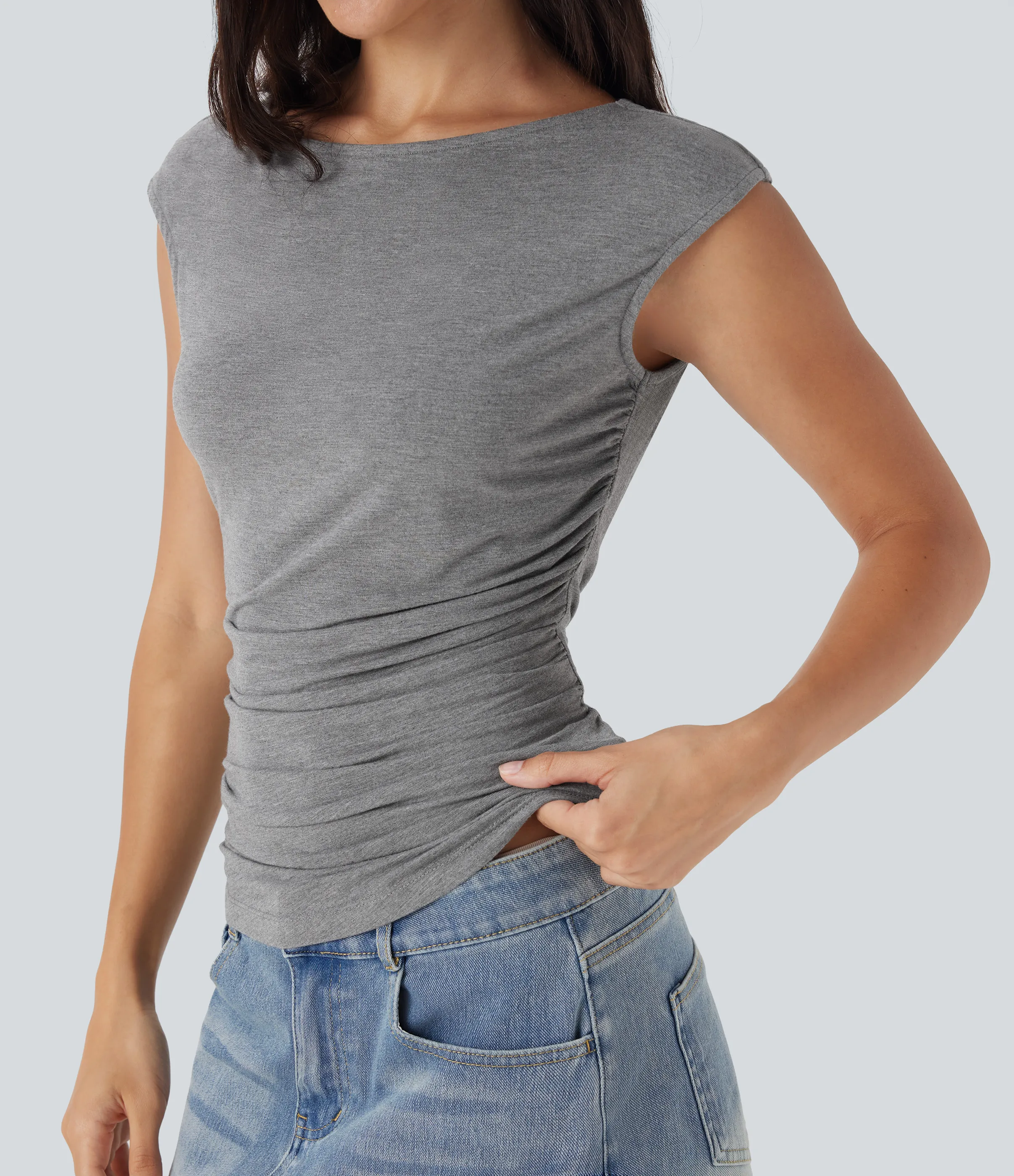 Halara Top casual fruncido con cuello barco y manga corta - Dark Mottled Grey - XS sold by Halara product image thumbnail 5