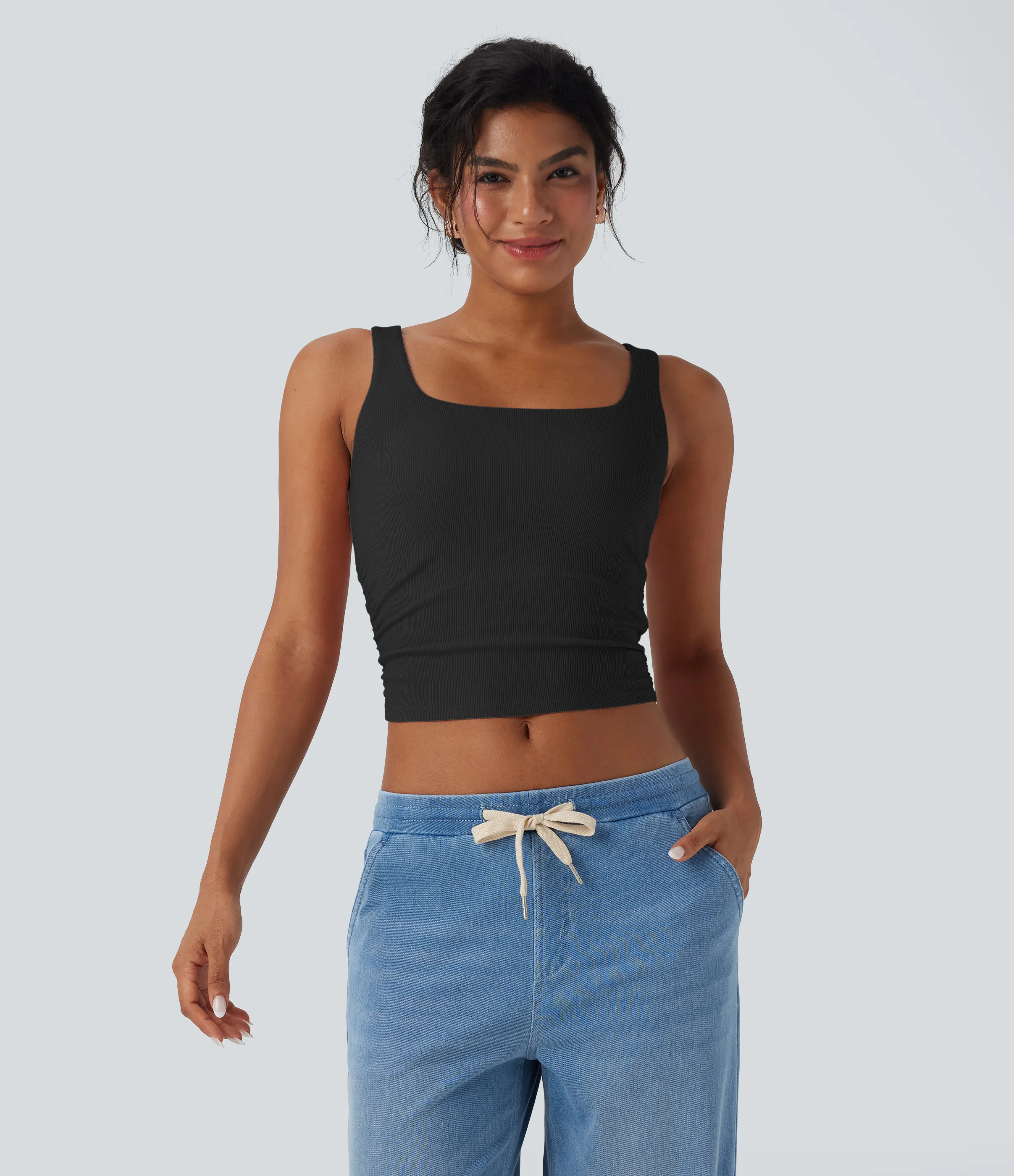 Halara Top casual corto fruncido con cuello cuadrado acanalado - Black - XS sold by Halara