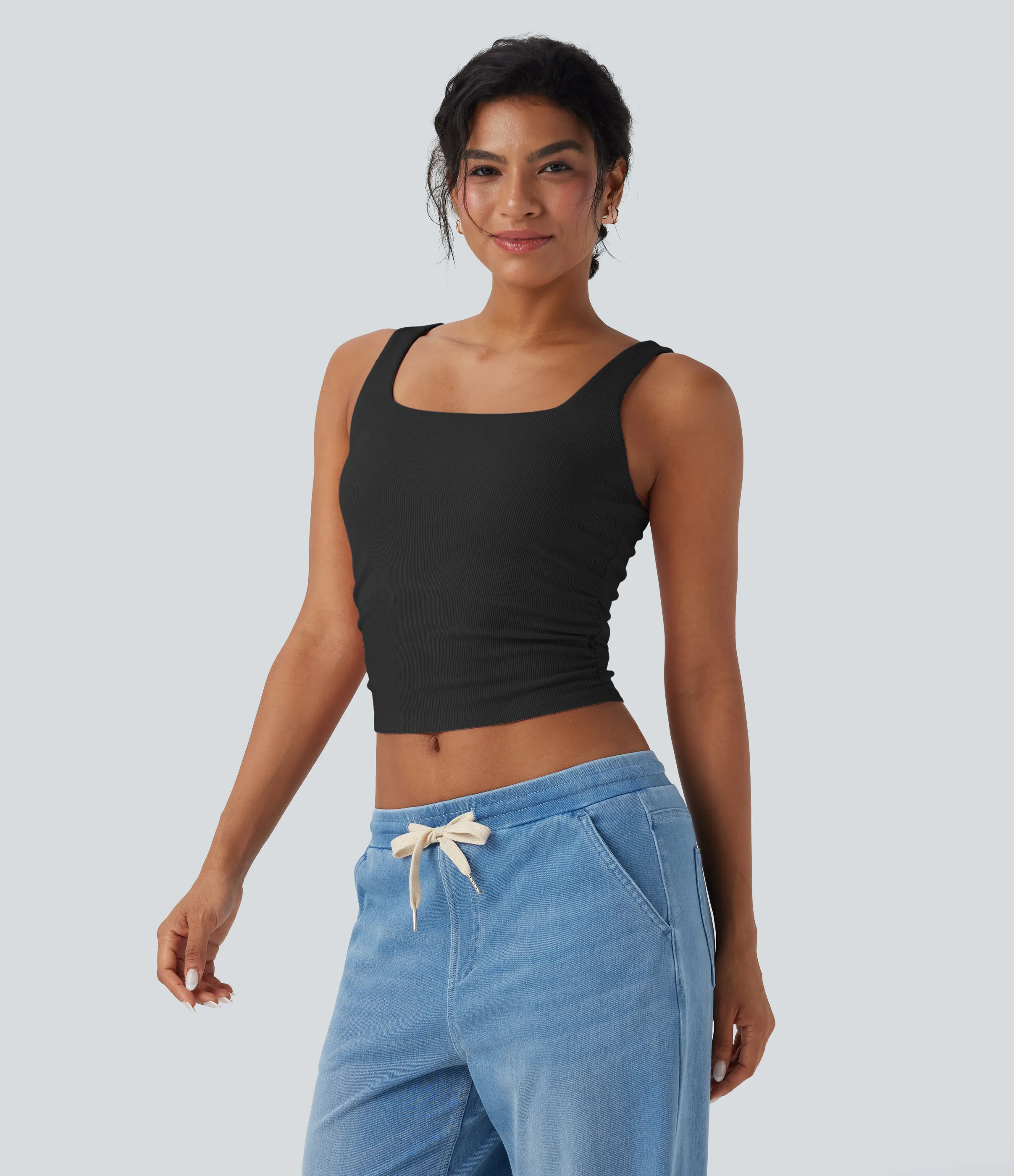 Halara Top casual corto fruncido con cuello cuadrado acanalado - Black - XS sold by Halara product image thumbnail 4