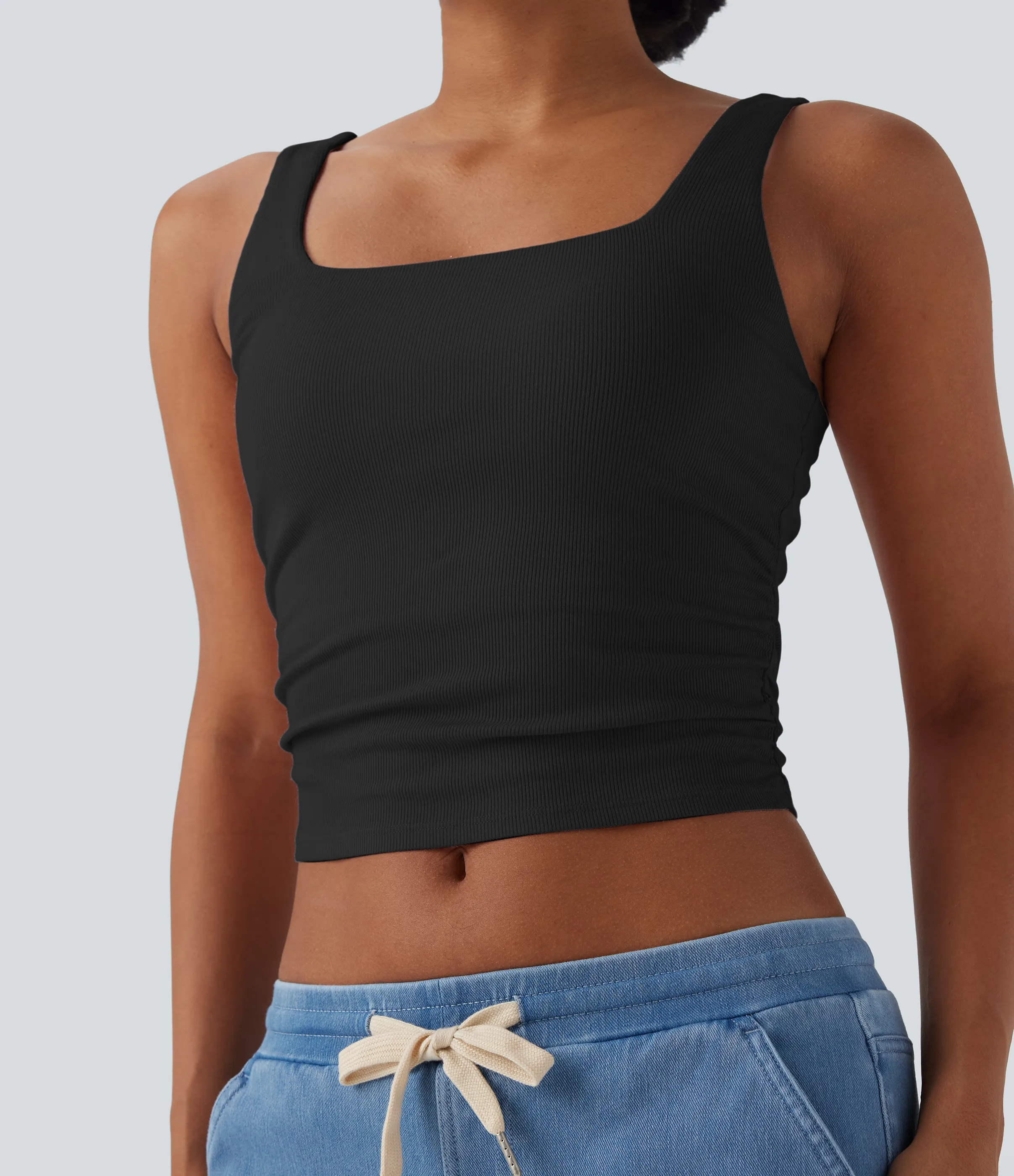 Halara Top casual corto fruncido con cuello cuadrado acanalado - Black - XS sold by Halara product image thumbnail 5