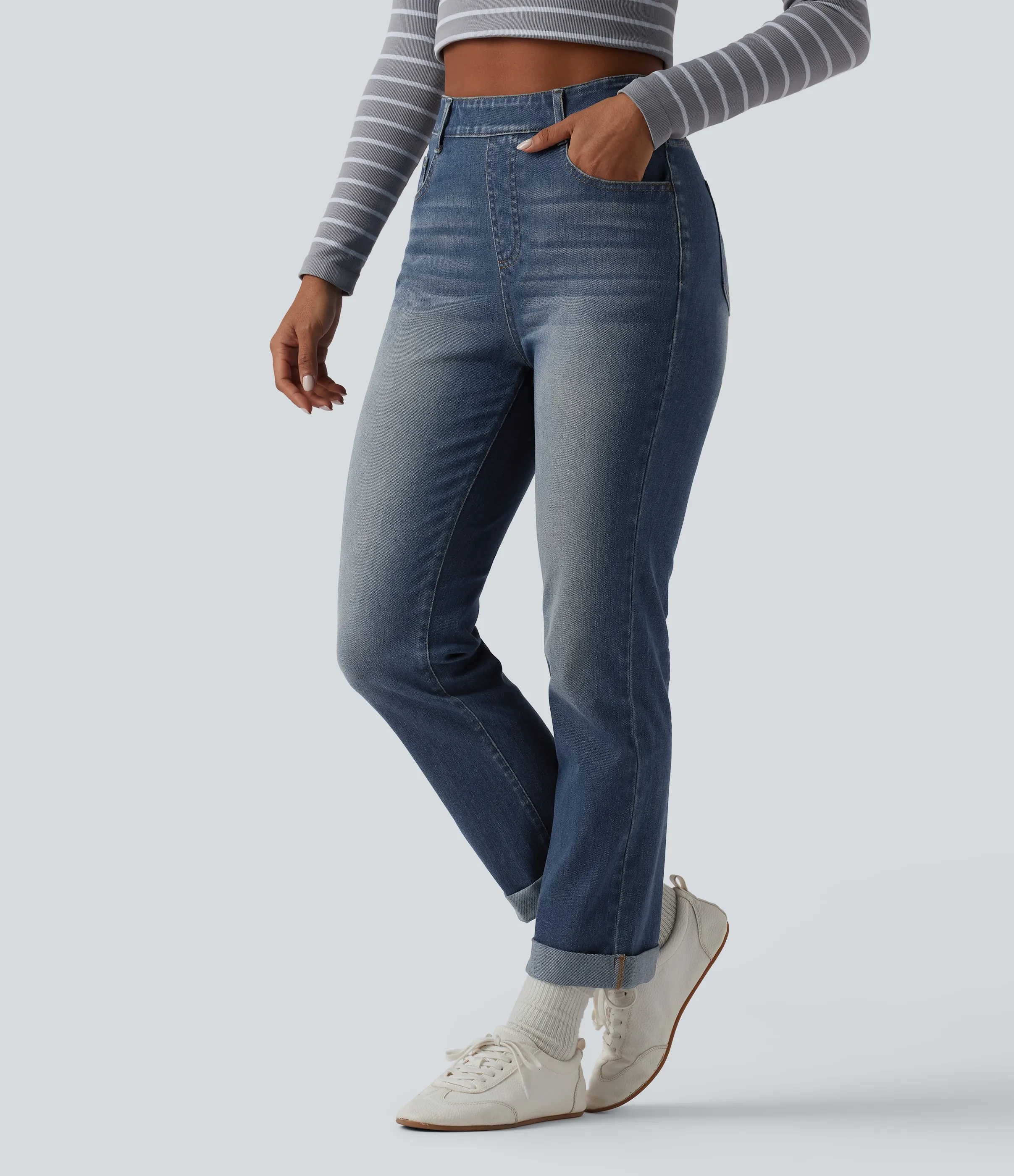 Halara Jeans ajustados casuales Halara Flex™ de tiro alto con dobladillo enrollado y bolsillos - Blue Surf Denim - XS(regular) sold by Halara product image thumbnail 2